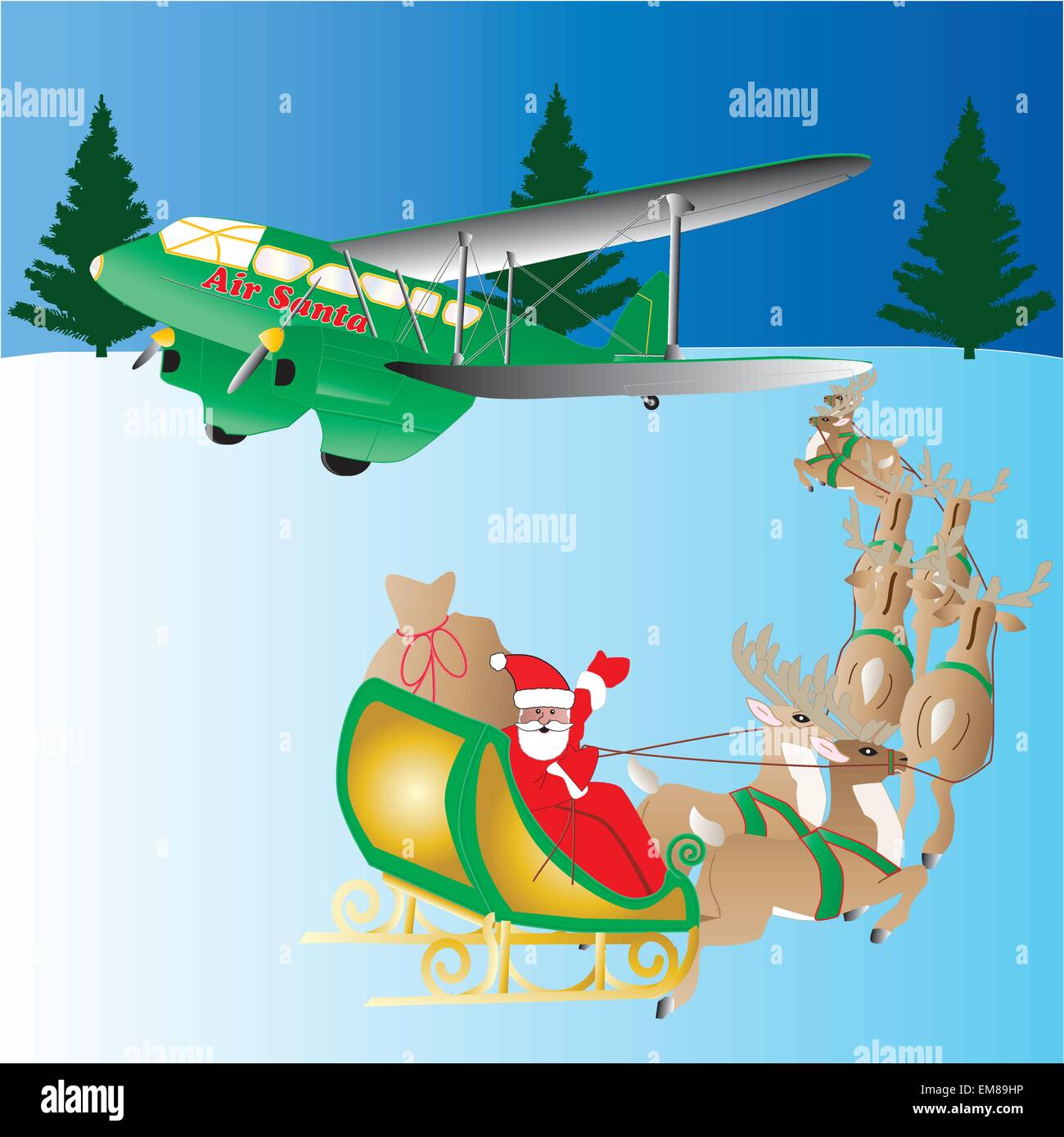 Eine detaillierte Vektor-Illustration von Santa Claus in seinem Rentierschlitten gezeichnete Reisen in Richtung seiner Vintage Privatflugzeug mit einem verschneiten Hintergrund, Stock Vektor