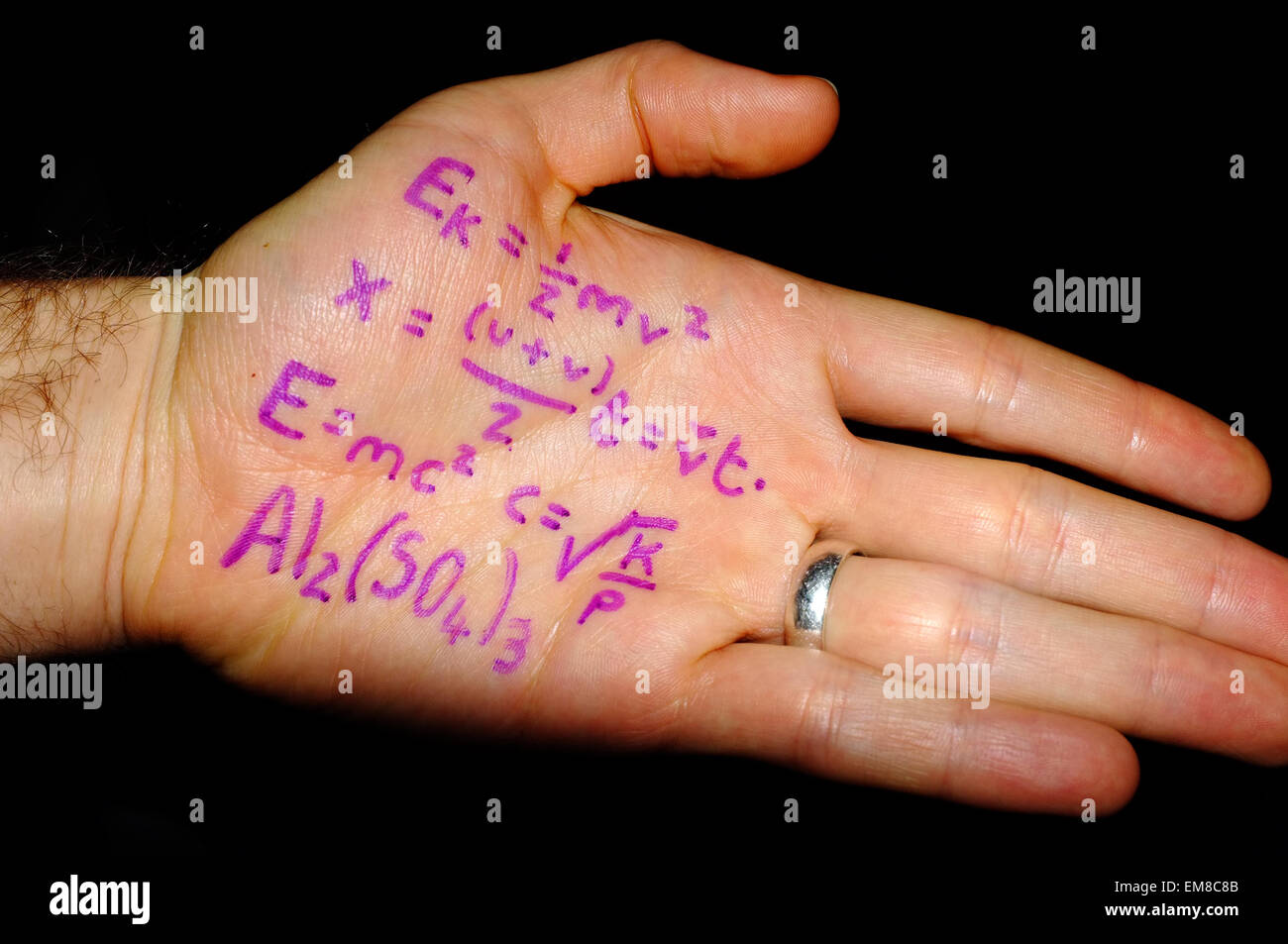 Mathematischen Formeln auf die Handfläche einer Hand in violette Tinte geschrieben. Stockfoto