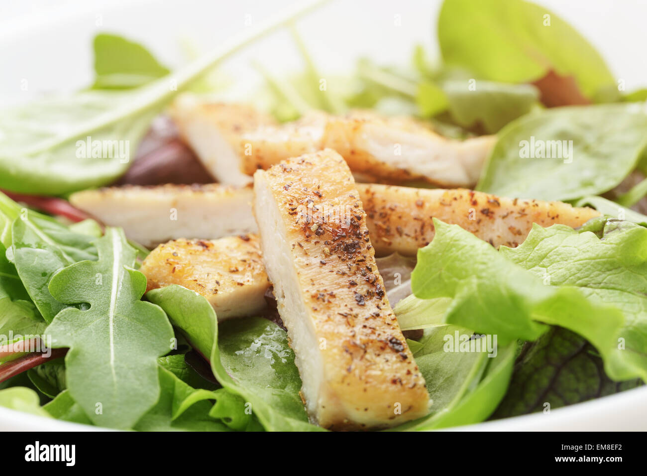 Salat von gemischten Kräutern und gebratenes Huhn Stockfoto