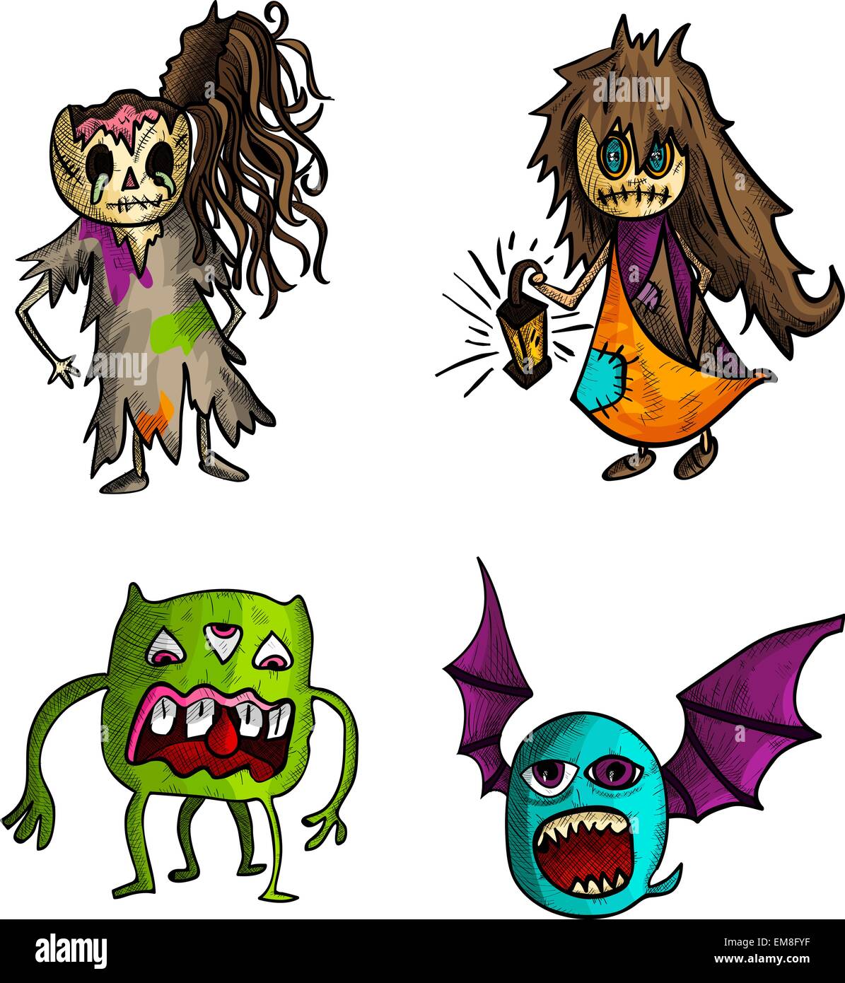 Halloween Monster isoliert Skizze Kreaturen Stilgruppe. Stock Vektor