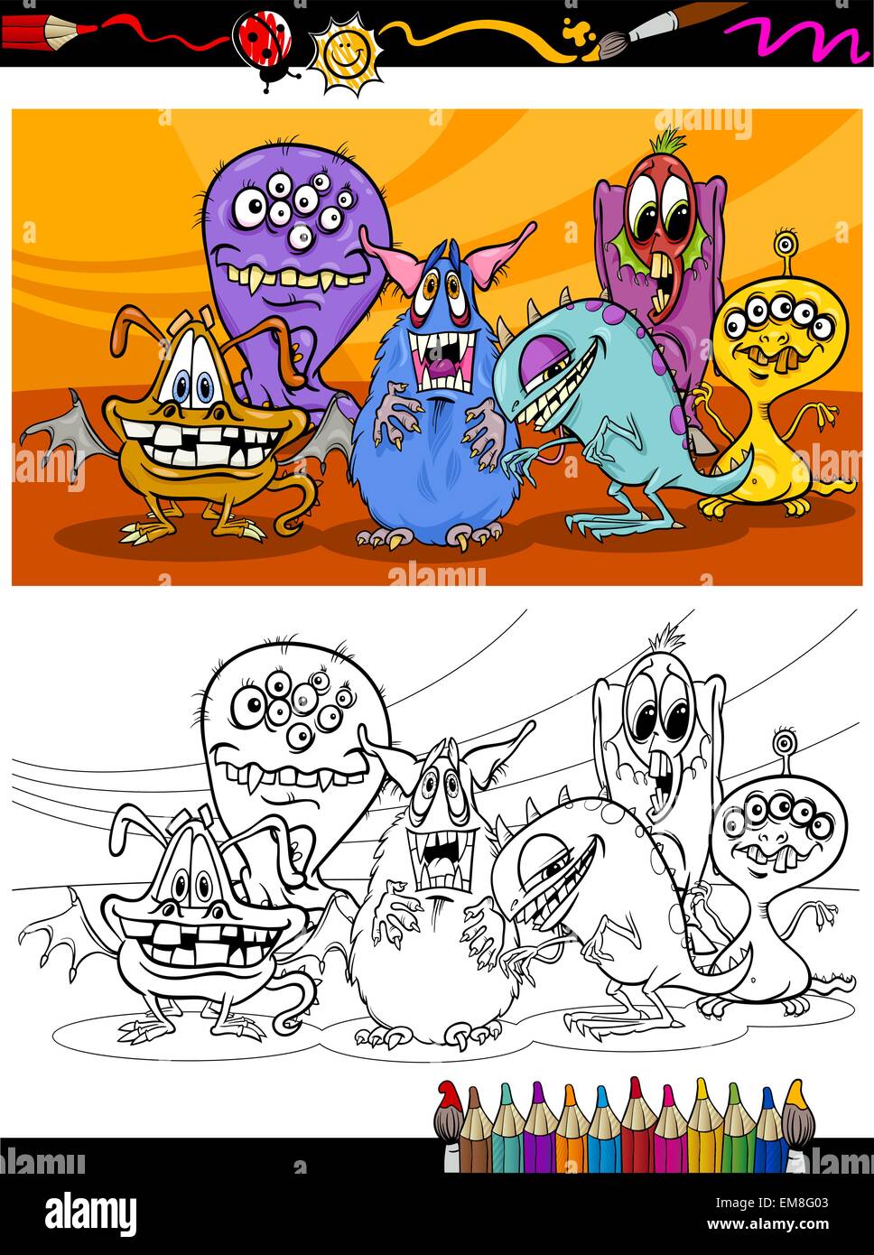 Cartoon Monster Gruppe Malvorlagen Stock Vektor