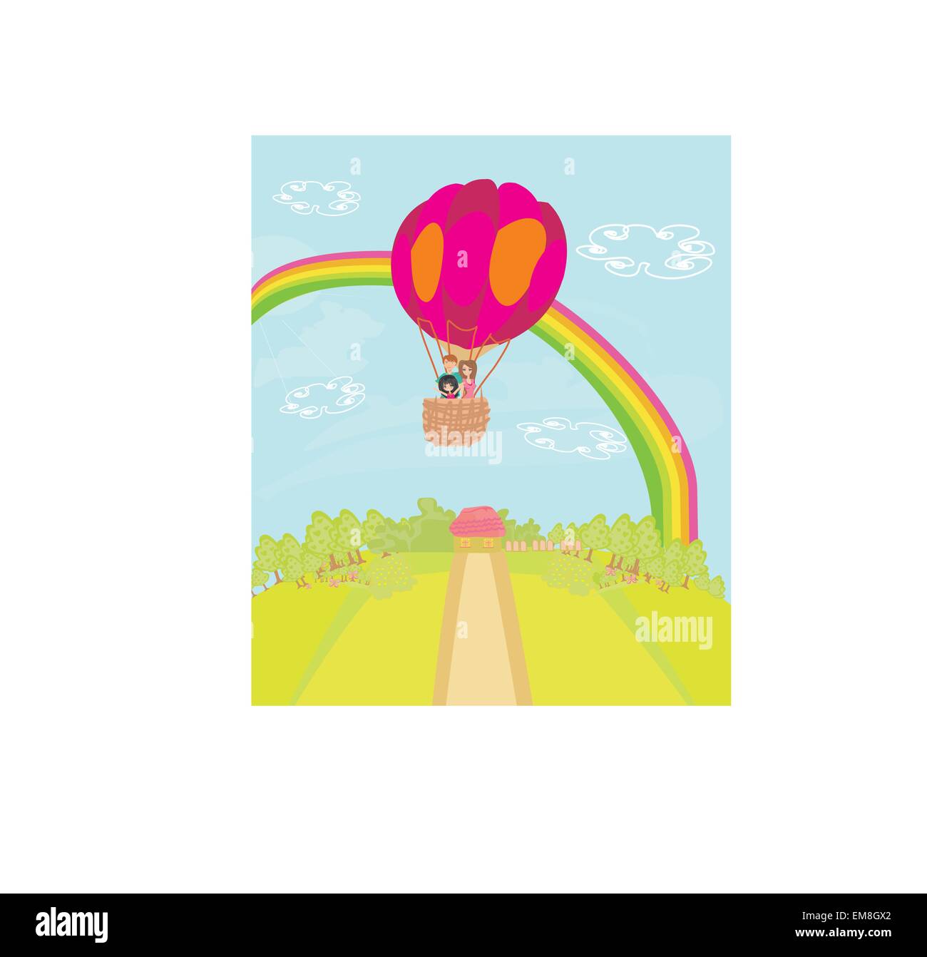 Familie, in einem Heißluftballon über den Regenbogen fliegen Stock Vektor