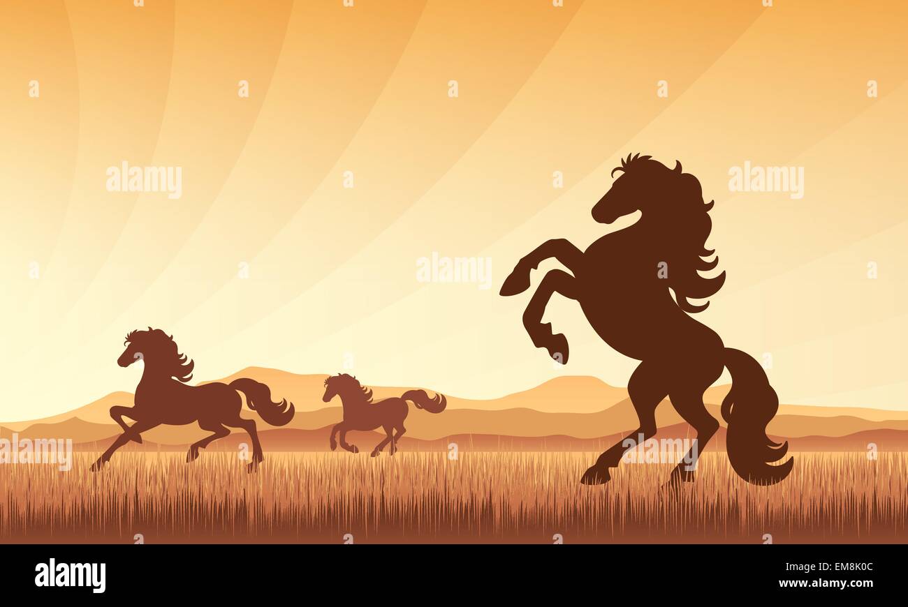 Pferde im Feld Sonnenuntergang Hintergrund Vektor Silhouette Interessenvertreter Stock Vektor