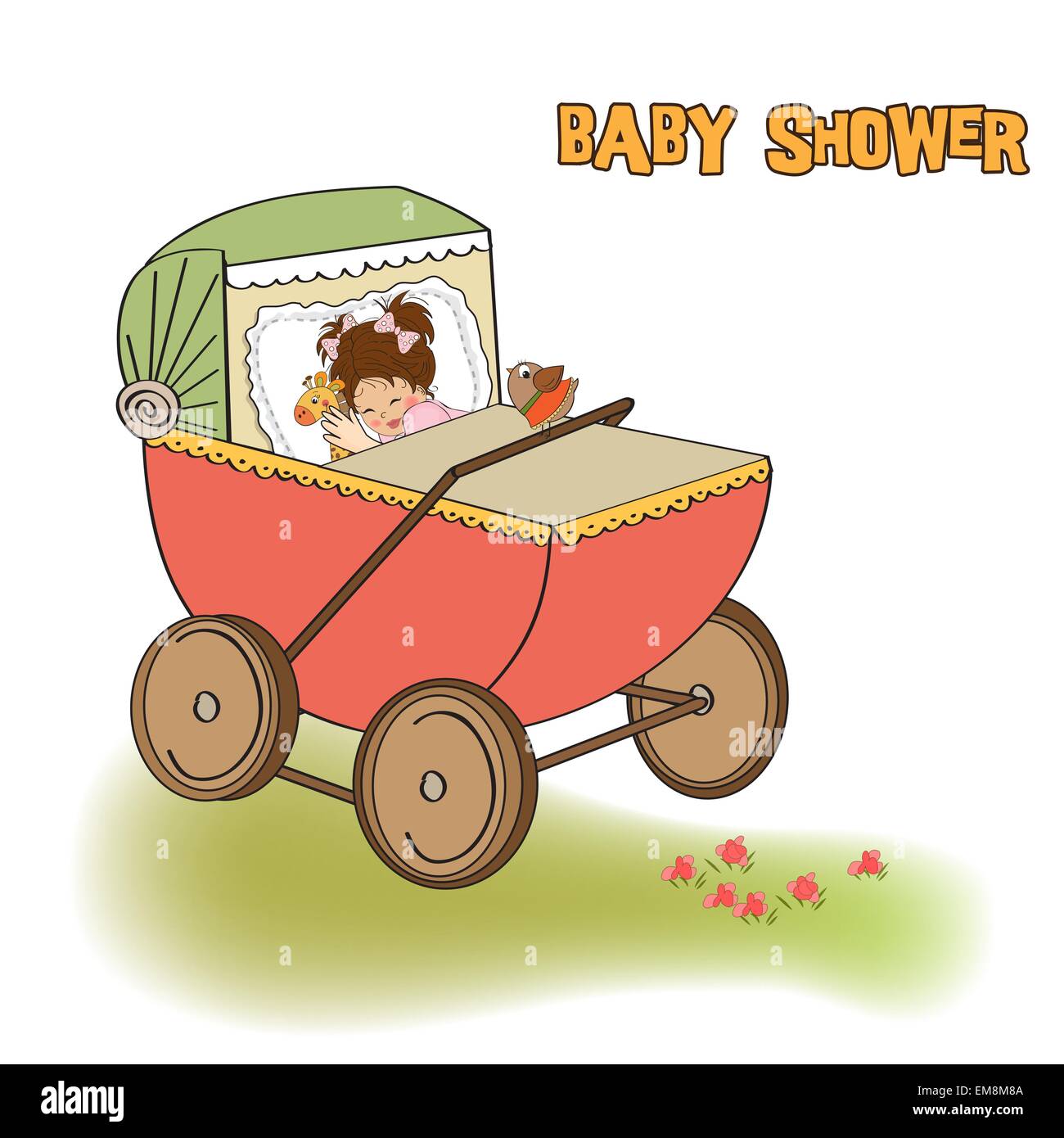 Baby-Mädchen-Dusche-Karte mit Retro-strolller Stock Vektor