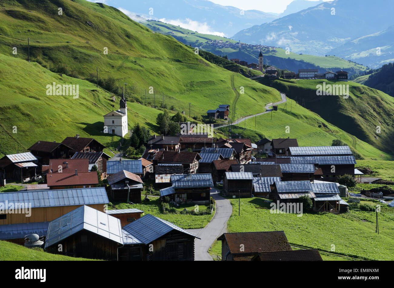 Nachteile von Dorf, Stadt Vrin (zurück), Val Lumnezia, Bündner Alpen, Schweiz Stockfoto