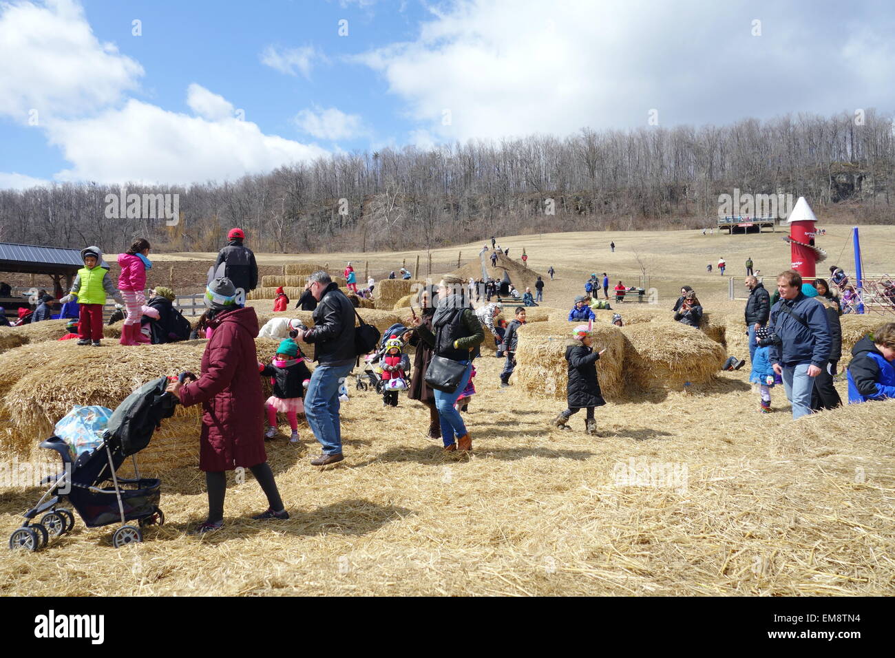 Kinder und Eltern spielen auf einem Bauernhof außerhalb von Toronto, Kanada Stockfoto