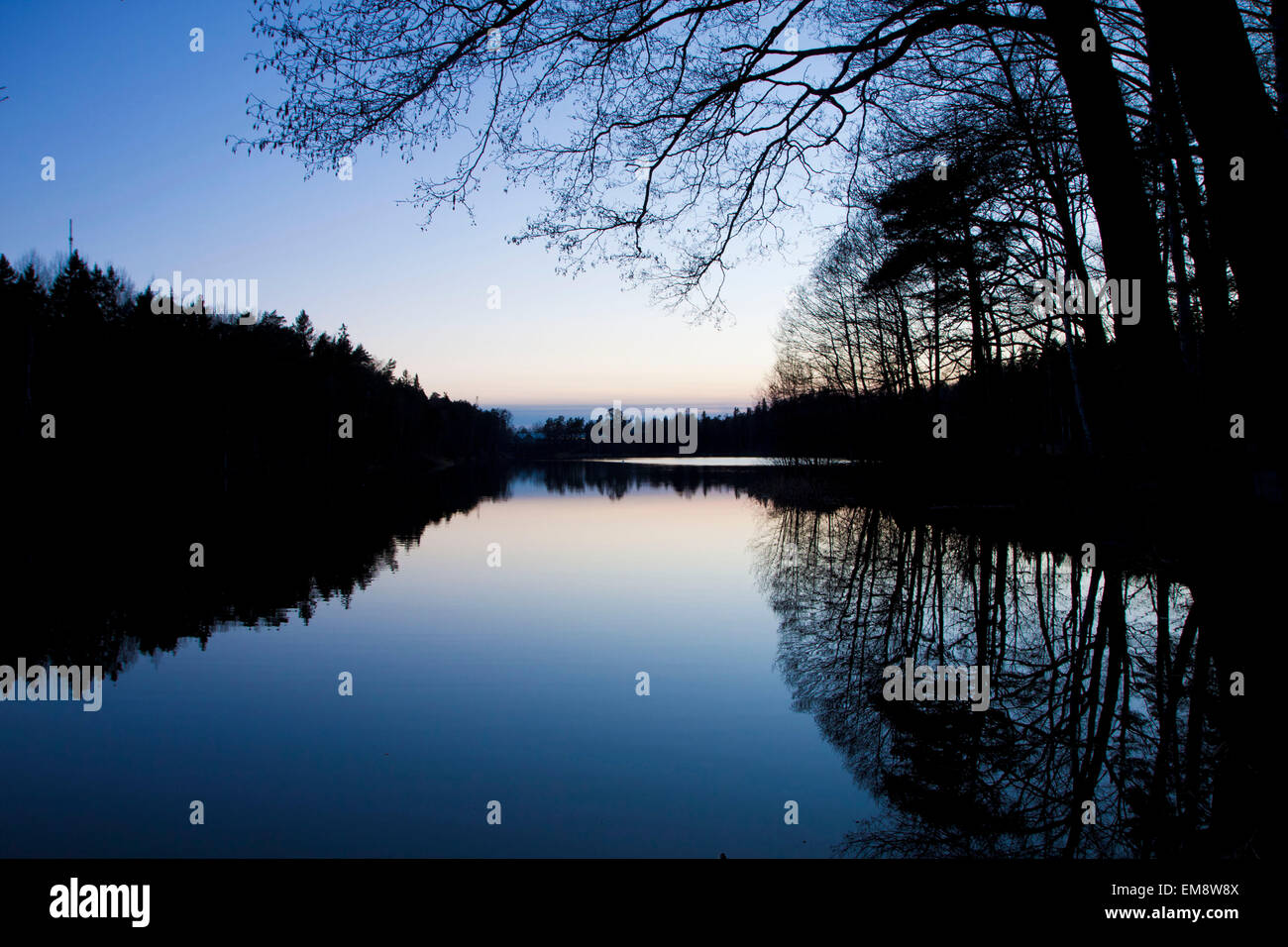 Schweden, kleiner See in der Dämmerung mit Ruhe, ruhigen Gewässern und Baum Reflexion auf Oberfläche Stockfoto