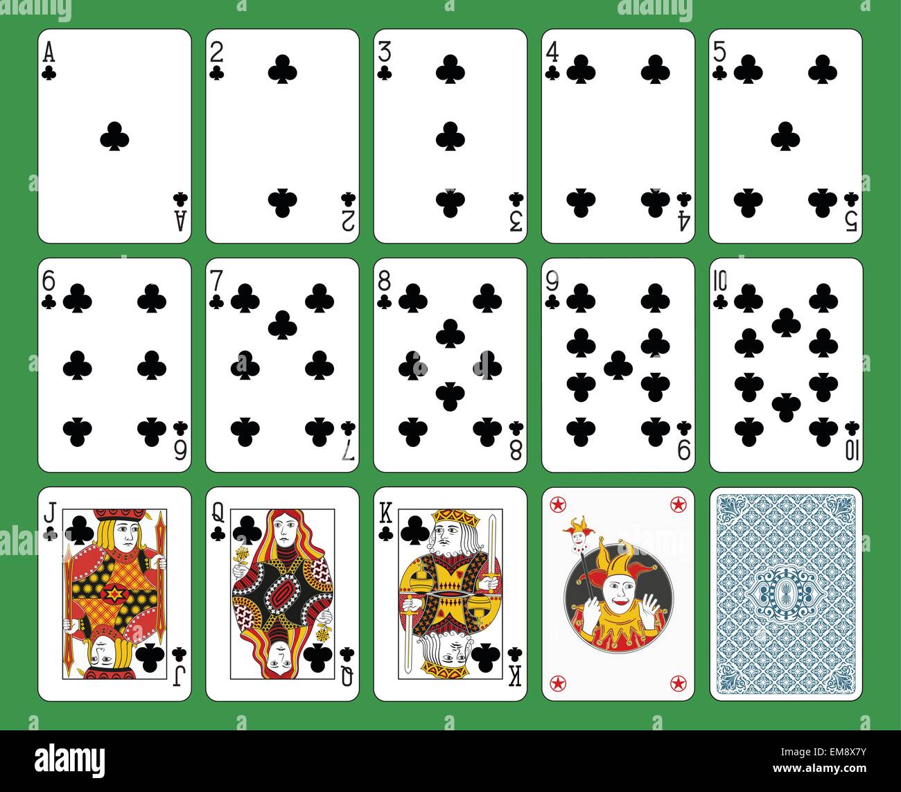 Spielkarten, Club Suite, Joker und zurück. Grünen Hintergrund. Stock Vektor