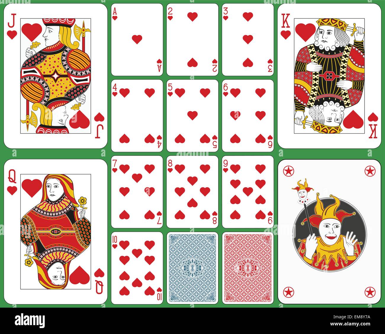 Spielkarten, Herzen Suite, Joker und zwei zurück. Gesichter, die doppelte Größe. Grünen Hintergrund. Stock Vektor
