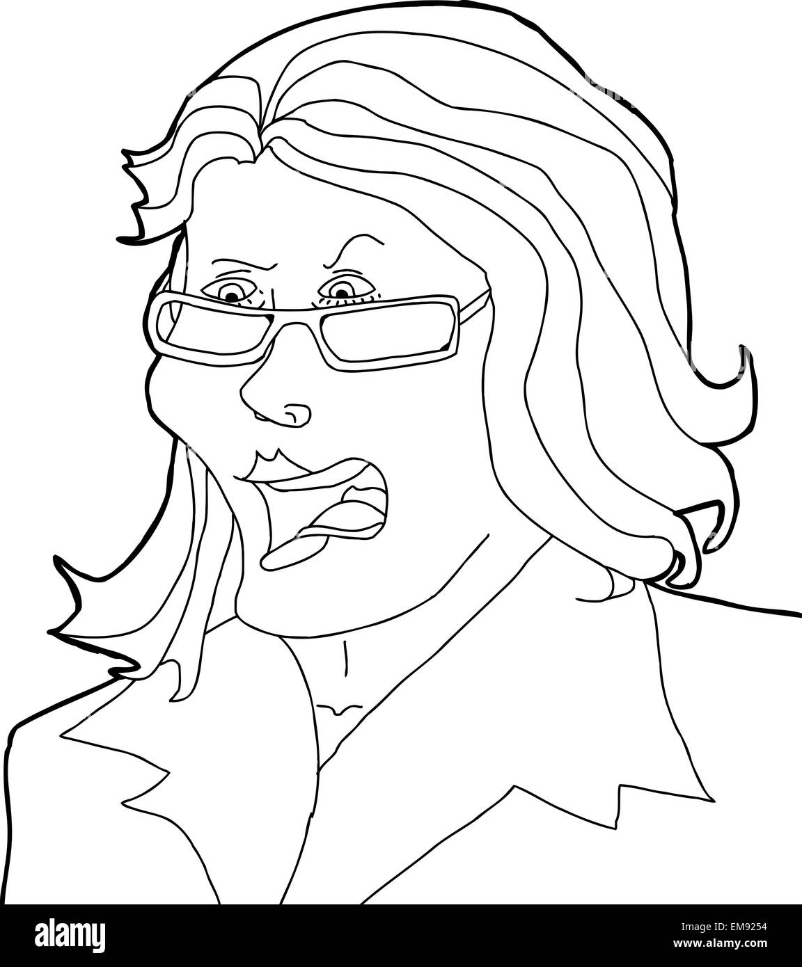 Umrisszeichnung böse Dame mit Brille Stockfoto