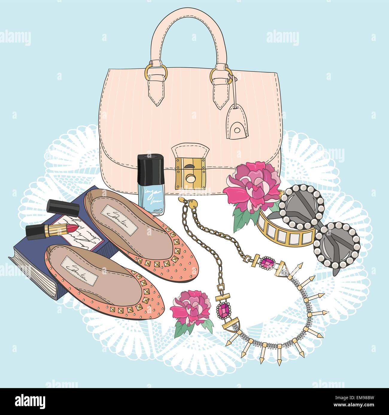 Mode-Essentials. Hintergrund mit Tasche, Sonnenbrillen, Schuhe, Schmuck, Make-up und Blumen. Stock Vektor
