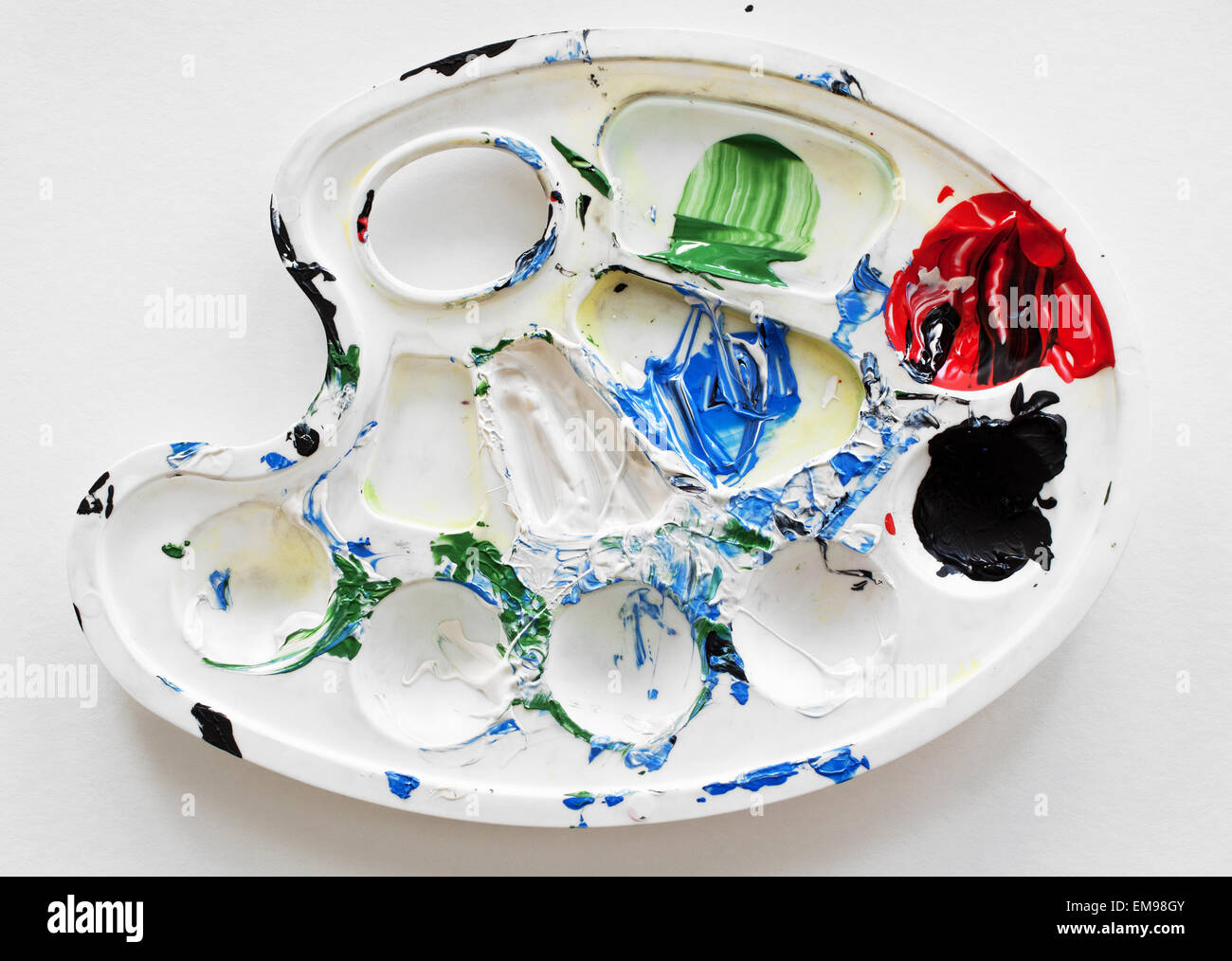 Schmutzige Aquarell Palette auf weißem Papier Stockfoto