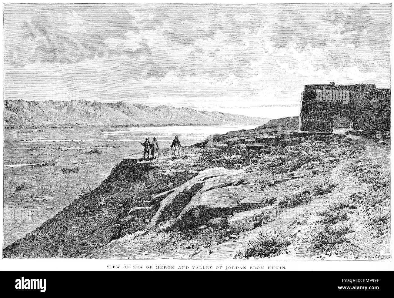 Gravur einer Ansicht des Meeres der Merom (See Hula) und Tal des Jordan von Hunin mit hochauflösenden aus einem Buch, gedruckt im Jahre 1889 gescannt. Stockfoto