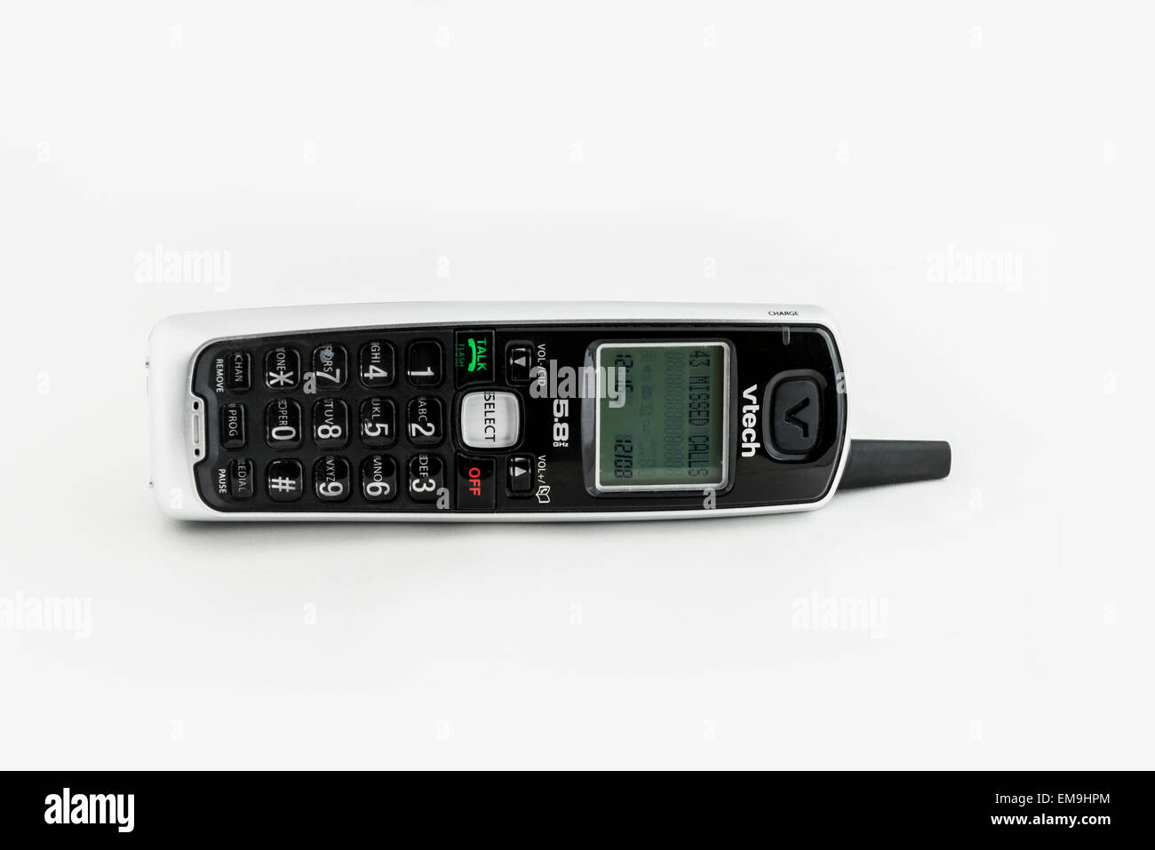Ein älteres Modell digitale VTech schnurloses Telefon, isoliert auf Weiss. USA. Stockfoto