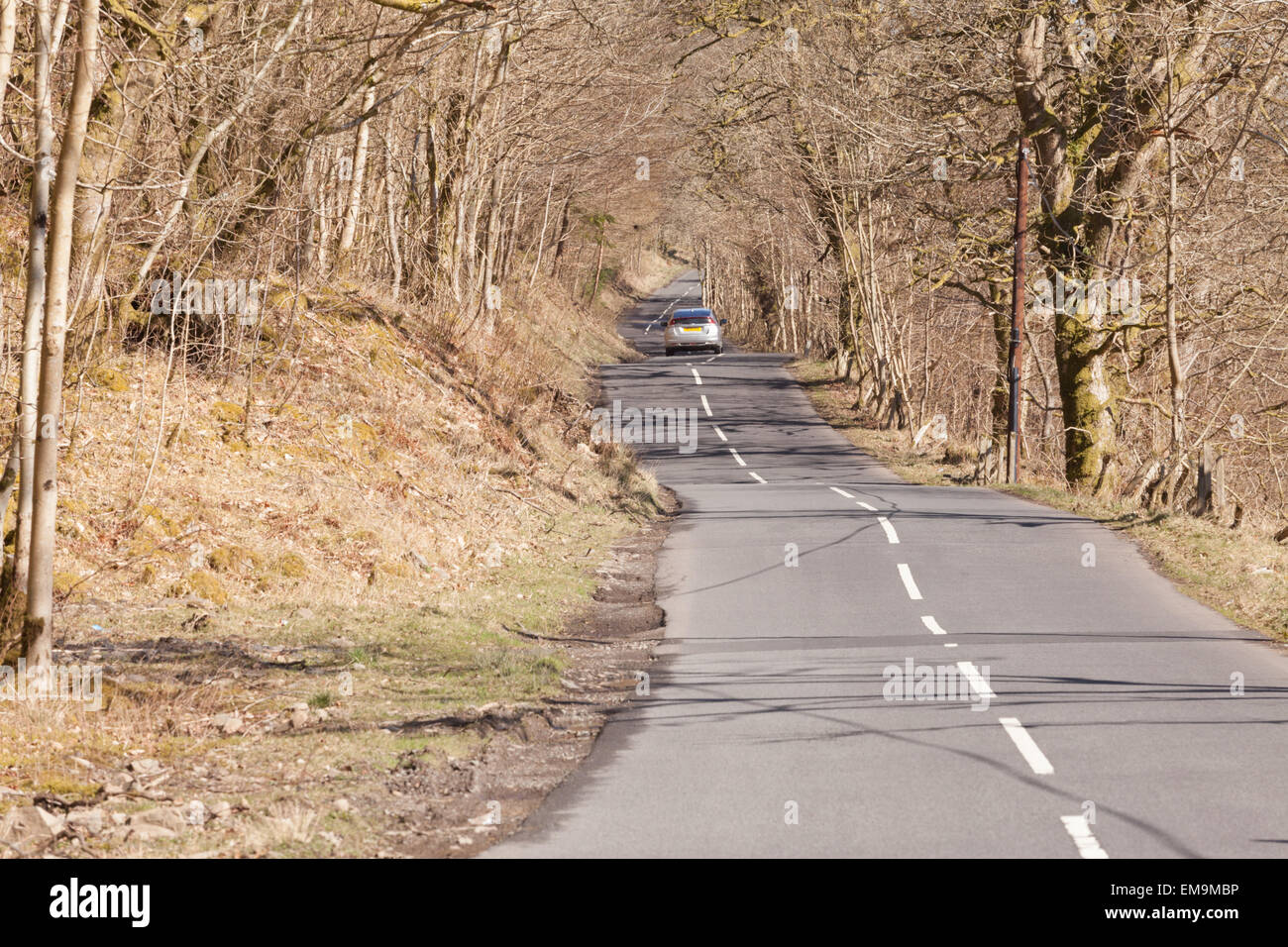 Einsamen ruhigen Straße in den lowlands von Schottland mit einem Auto in der Ferne, Großbritannien Stockfoto