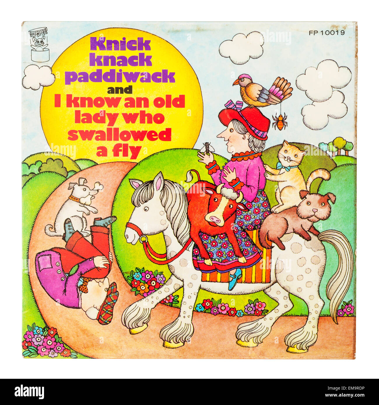 Eine Kinder-Vinyl-Schallplatte genannt Knick-Knack-Paddiwack auf weißem Hintergrund Stockfoto