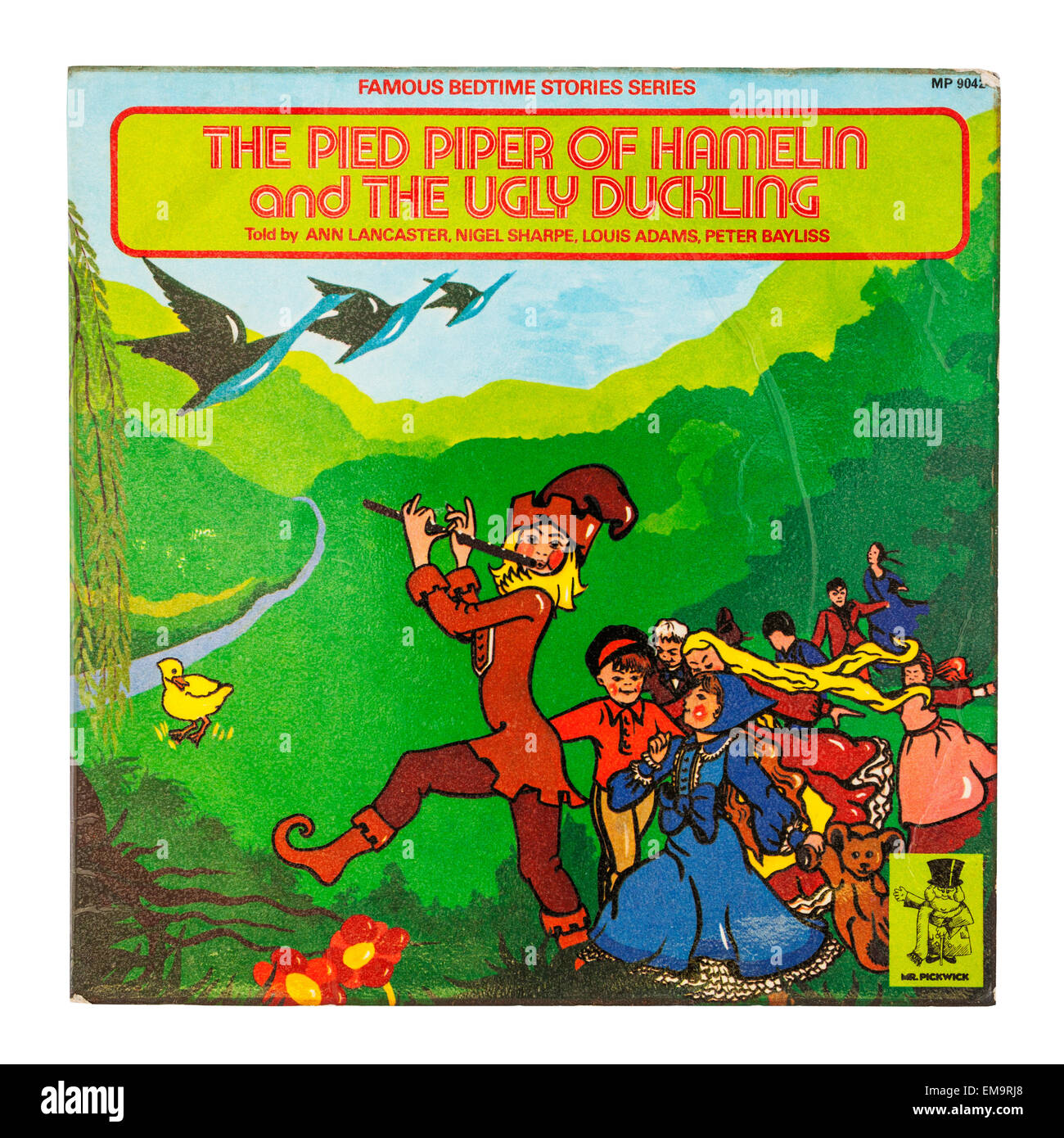 Eine Kinder-Vinyl-Schallplatte genannt der Rattenfänger von Hameln auf weißem Hintergrund Stockfoto