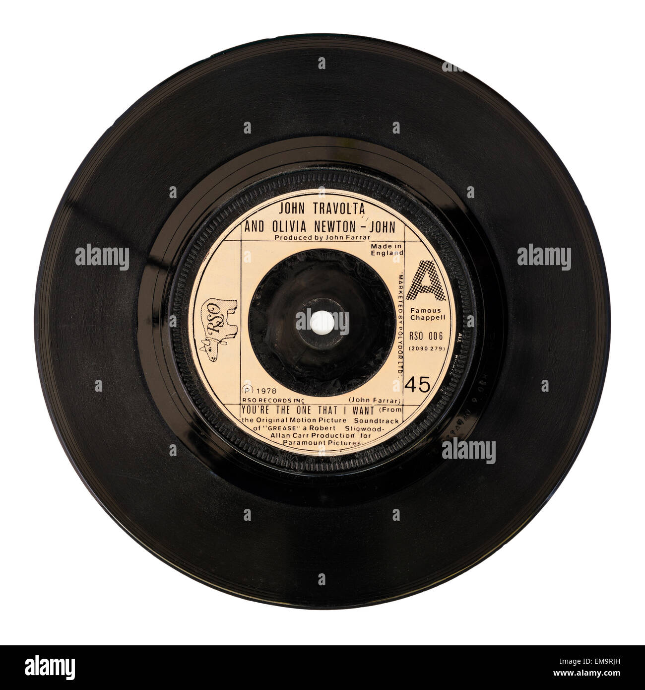 Ein 7-Zoll-Vinyl-Schallplatte von John Travolta und Olivia Newton - John rief dich bist derjenige, der ich auf einem weißen Hintergrund will Stockfoto