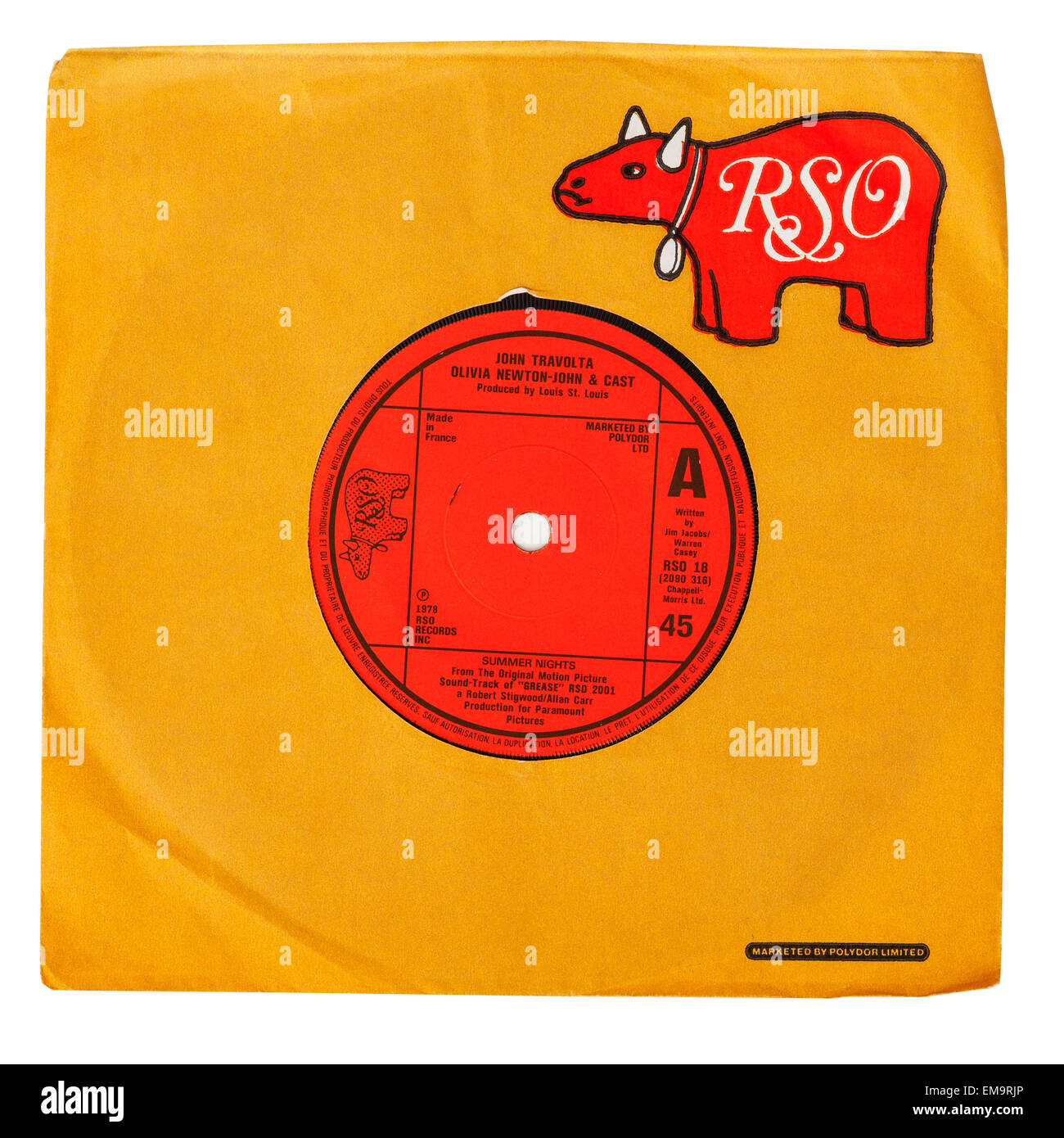 Ein 7-Zoll-Vinyl-Schallplatte von John Travolta und Olivia Newton - John genannt Sommernächte auf weißem Hintergrund Stockfoto