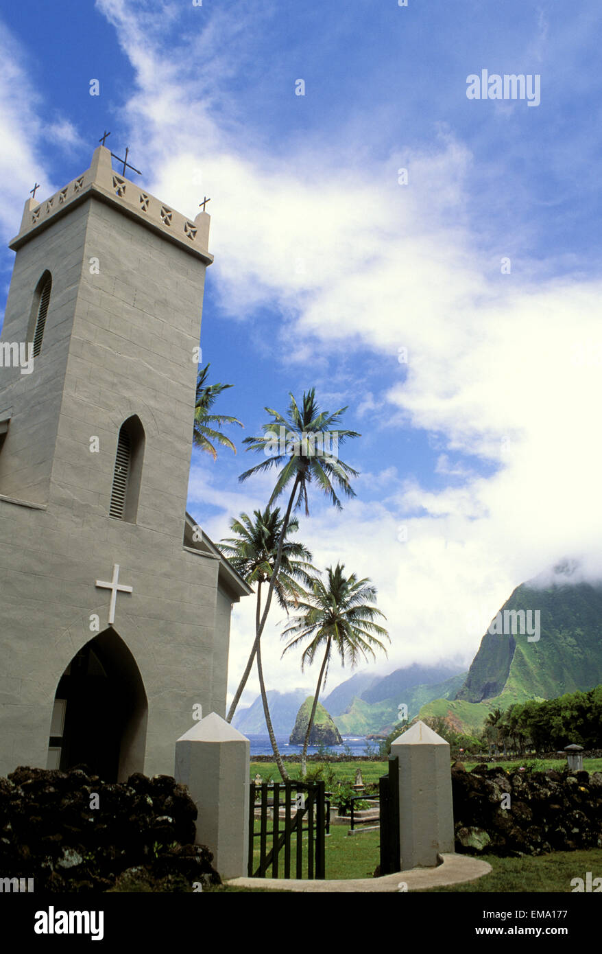 Hawaii, Molokai, Kalaupapa-Halbinsel Kalawao, Außenseite der St.Philomena Kirche. Stockfoto