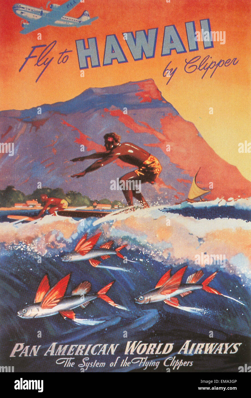 C.1915 Plakatkunst für Pan American World Airways der Surfer auf der Welle mit Fisch Stockfoto