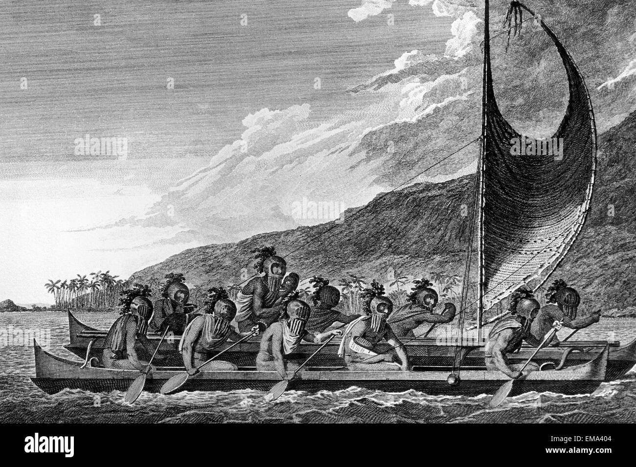 C.1779 John Webber, schwarz-weiß-Zeichnung, Kanu mit maskierten Paddler, Bergen und Palmen Hintergrund Stockfoto
