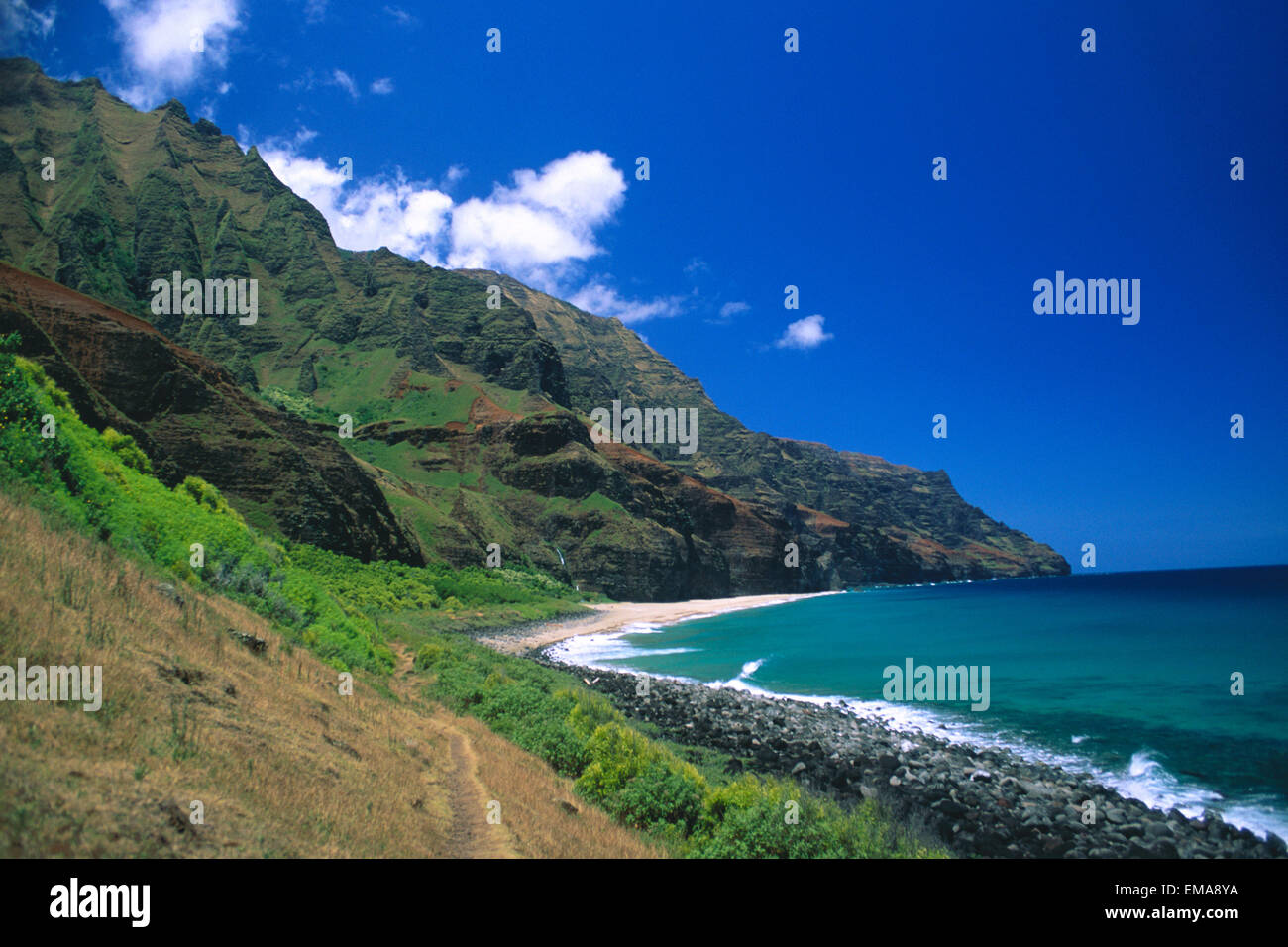 Hawaii, Kauai, Na Pali Coast Trail endet am Kalalau Strand, blauer Himmel Stockfoto