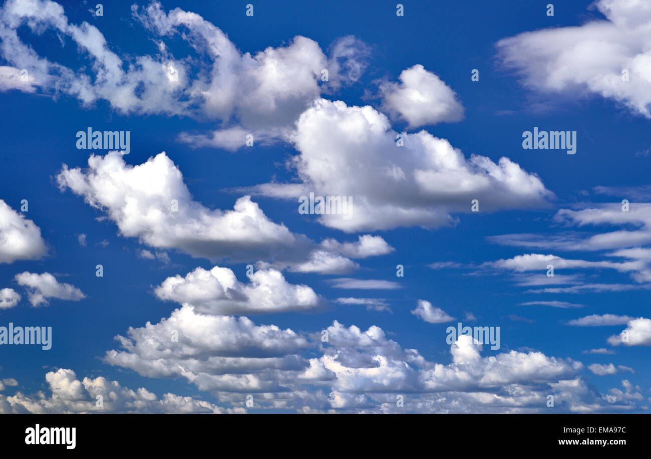Blauer Himmel mit weißen Schönwetter-Wolken Stockfoto