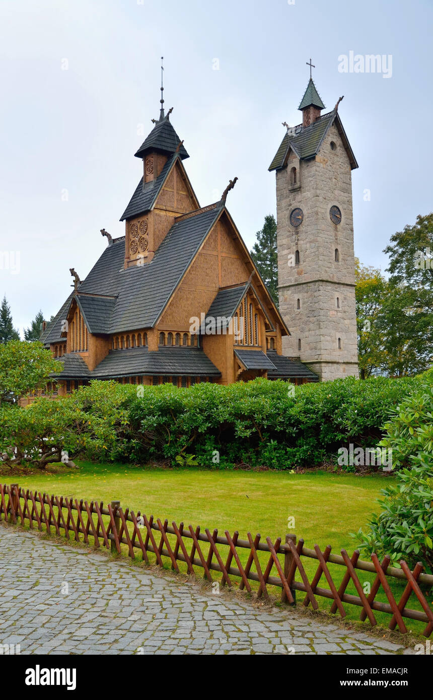 Tempel Wang in Karpacz. Norwegische Stabkirche Kirche die Stadt Karpacz im Riesengebirge, Polen übertragen wurde. Stockfoto