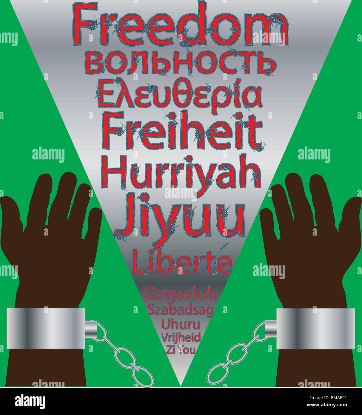 Eine Vektor-Illustration von The Chains eines Sklaven durch einen Stahl Keil mit dem Wort Freiheit geschrieben steht in verschiedenen Sprachen aufgeteilt Stock Vektor