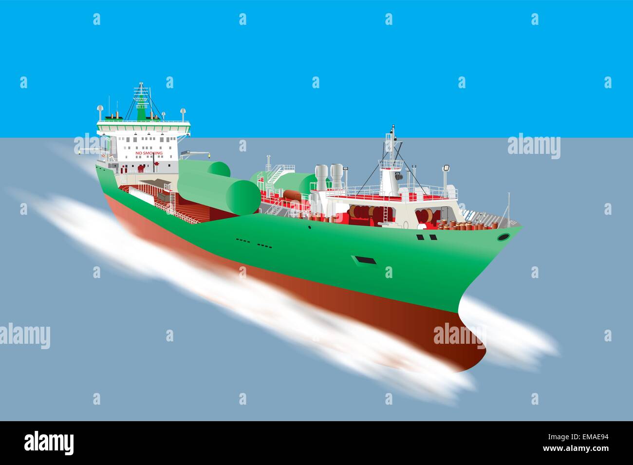 Eine detaillierte Vektor-Illustration eines grün und weiß gefärbt Cargo Schiff mit Flüssiggas-Gastanks mit Geschwindigkeit Stock Vektor