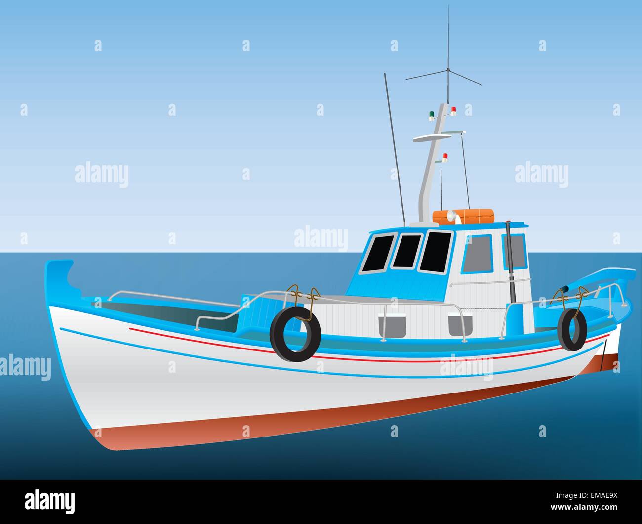 Eine detaillierte Vektor-Illustration von einem traditionellen blauen und weißen griechischen Fischerboot schwimmend auf einem ruhigen blauen Meer Stock Vektor