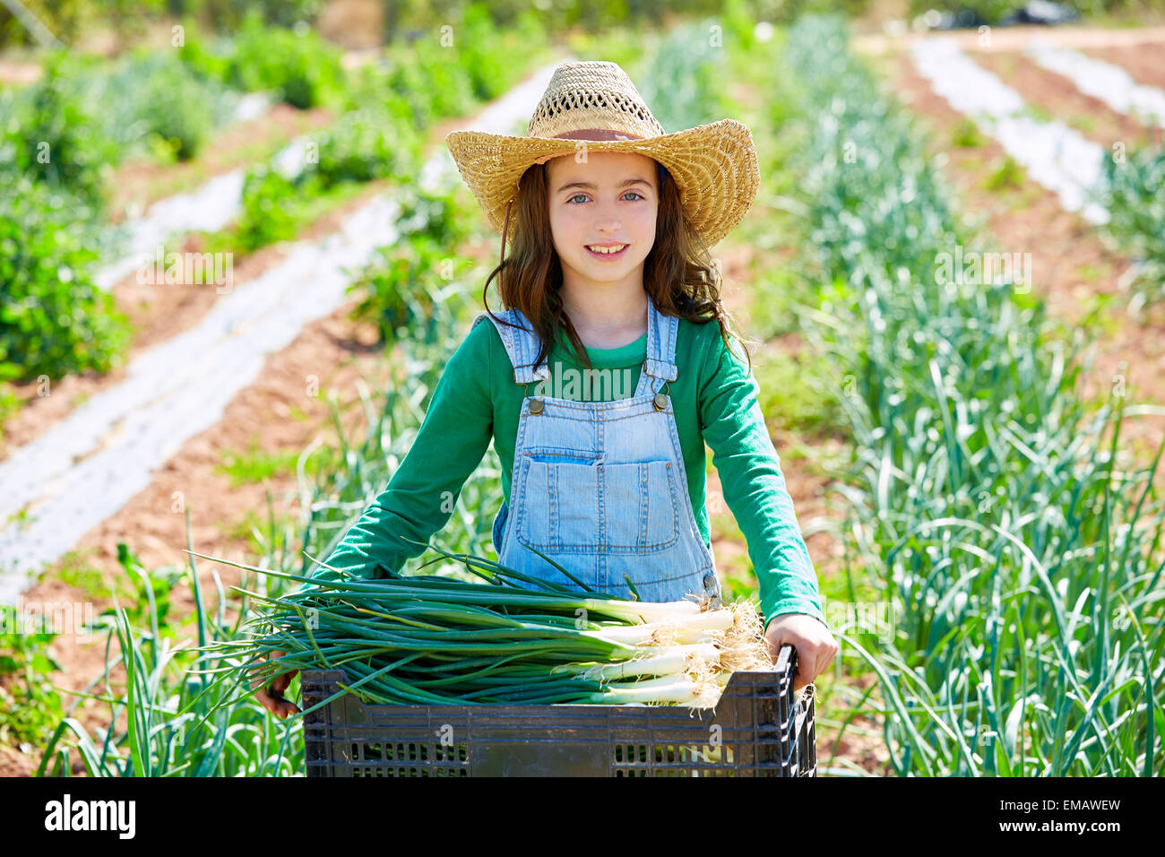 Kleines Kind Bauernmädchen in Zwiebel-Ernte im Obstgarten Stockfoto