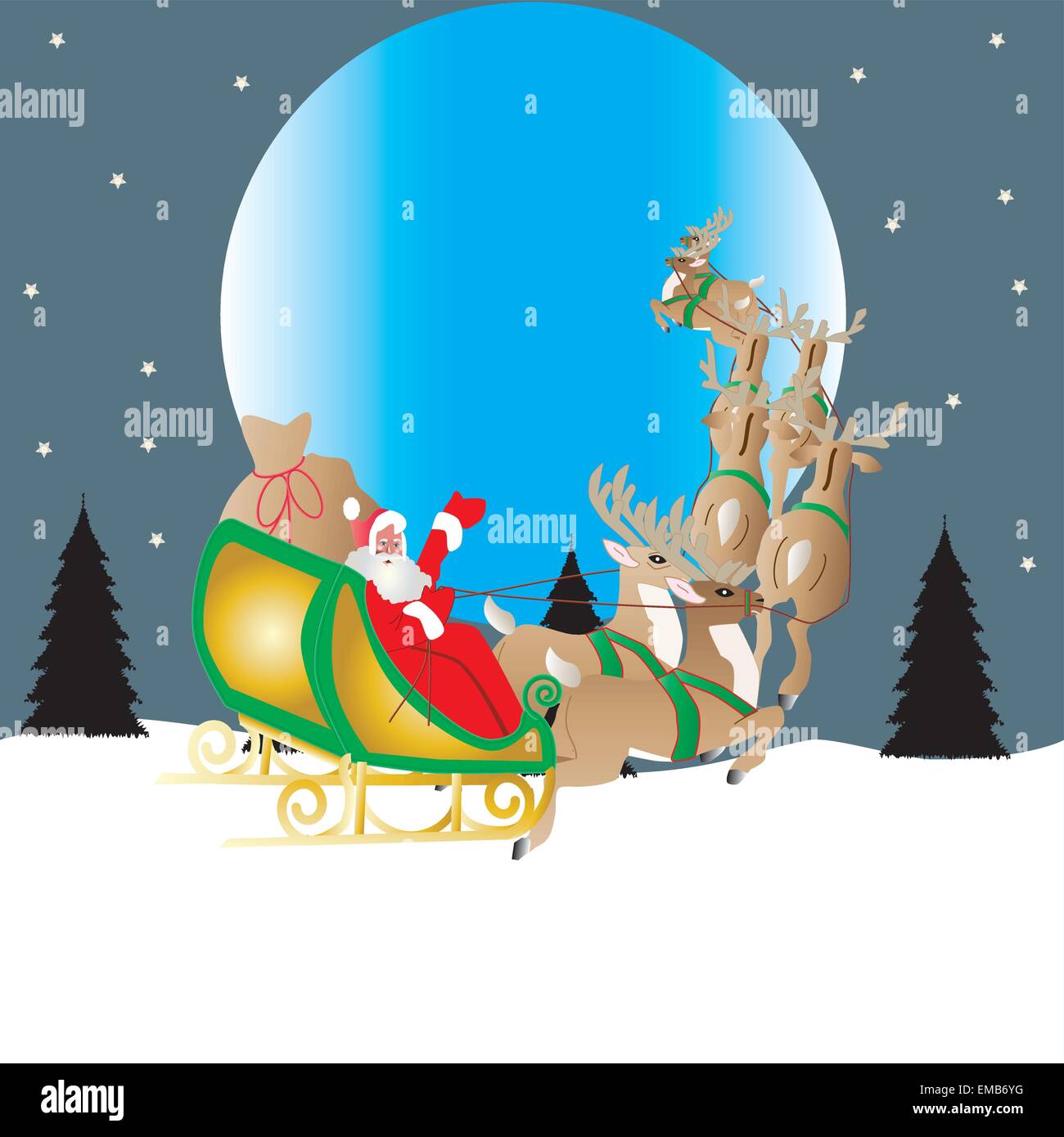 Santa und seine Rentiere Schlitten fliegen vor den Mond mit einem Sternenhimmel Hintergrund gezeichnet Stock Vektor
