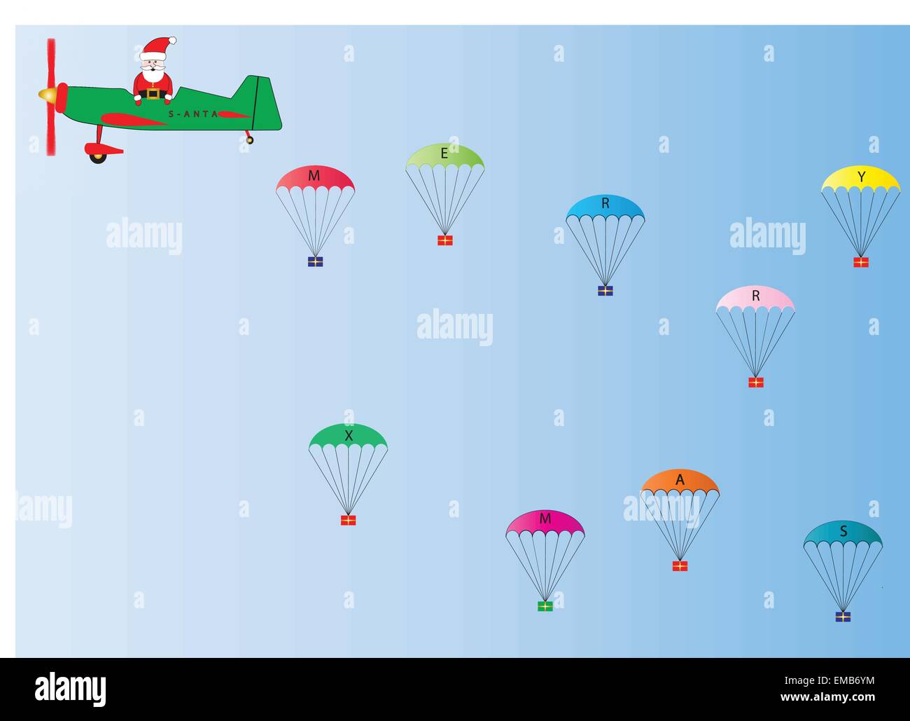 Vector Image der Weihnachtsmann in einer grünen und roten Flugzeug fallen Geschenke an Fallschirmen geeignet für Geschenkpapier oder Xmas Card Stock Vektor