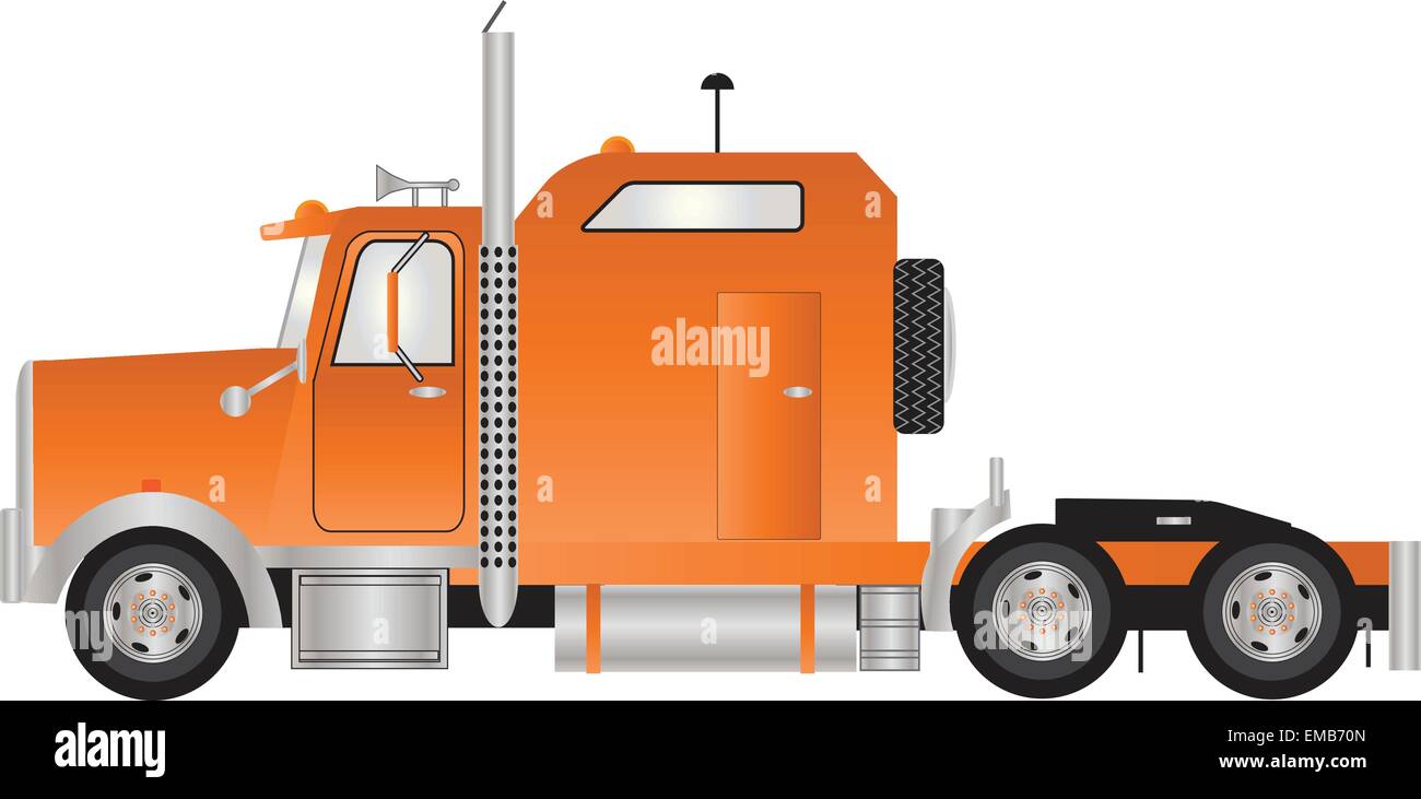 Eine Vektor-Illustration von Orange American Style Sattelzugmaschine mit Fernverkehrsfahrerhaus isoliert auf weiss Stock Vektor