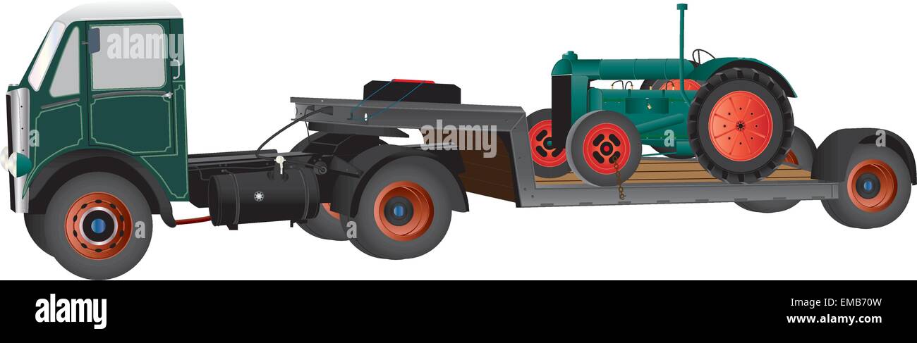 Ein Vintage artikuliert LKW tragen einen alten Bauernhof Traktor isoliert auf weiss Stock Vektor