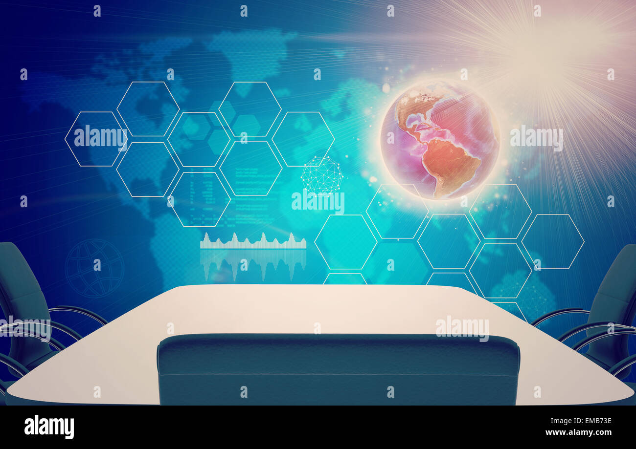 Tisch und Stühle auf abstrakten Hintergrund mit Earth-Modell Stockfoto
