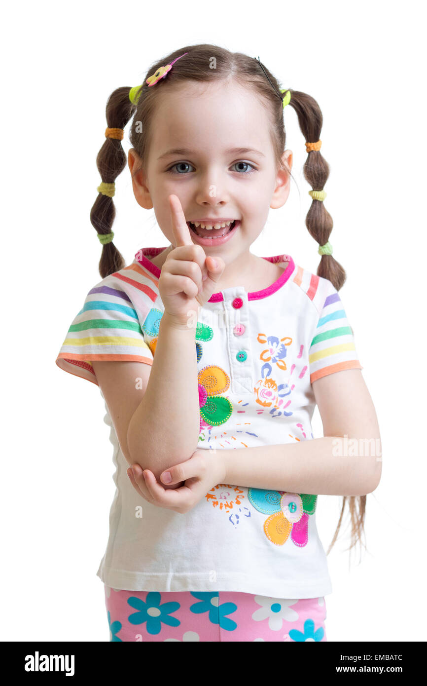 Kind Mädchen zählen und Zeigefinger zeigen Stockfoto