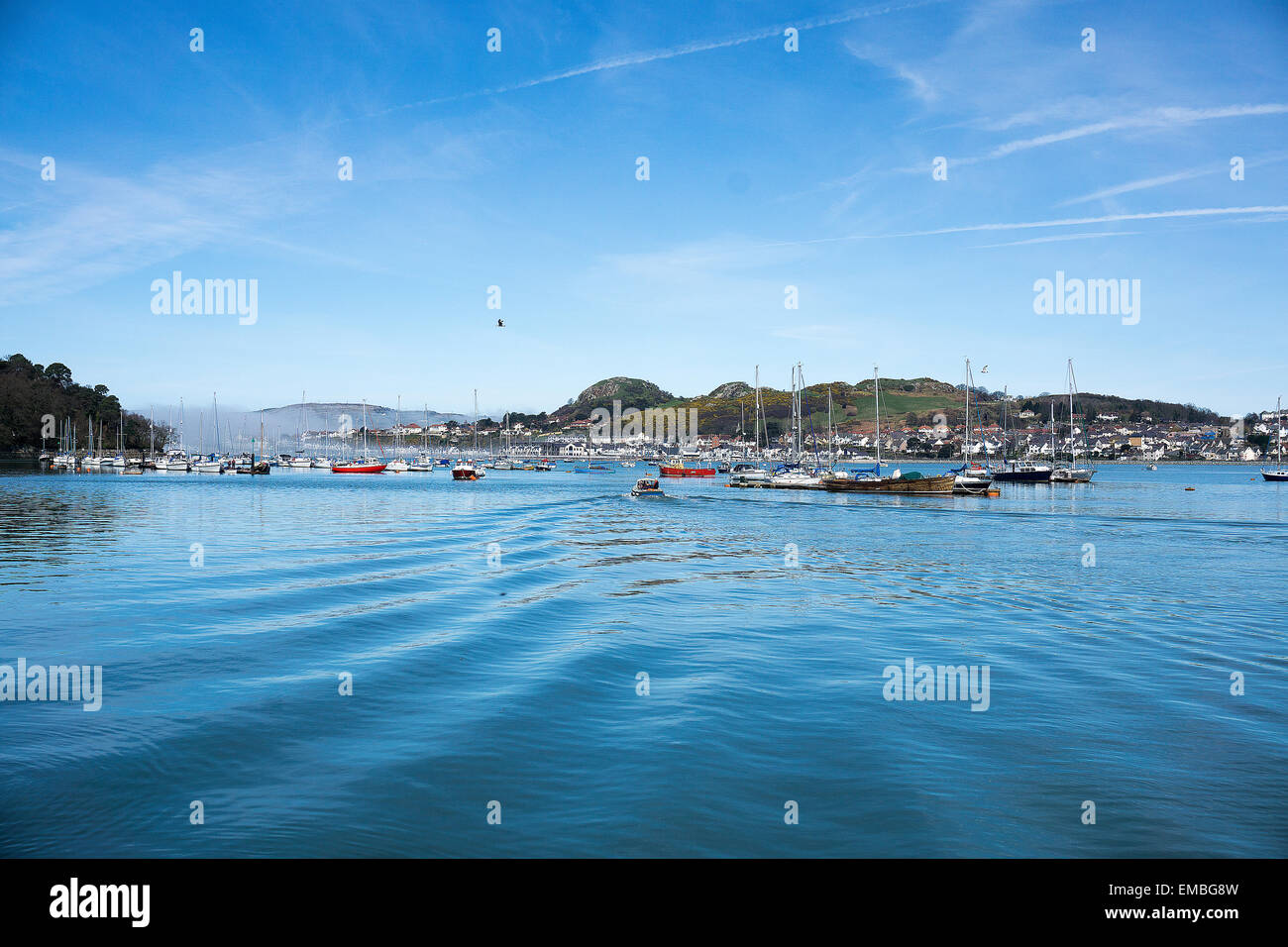 Blick über Conwy Hafen an einem ruhigen sonnigen Tag Stockfoto