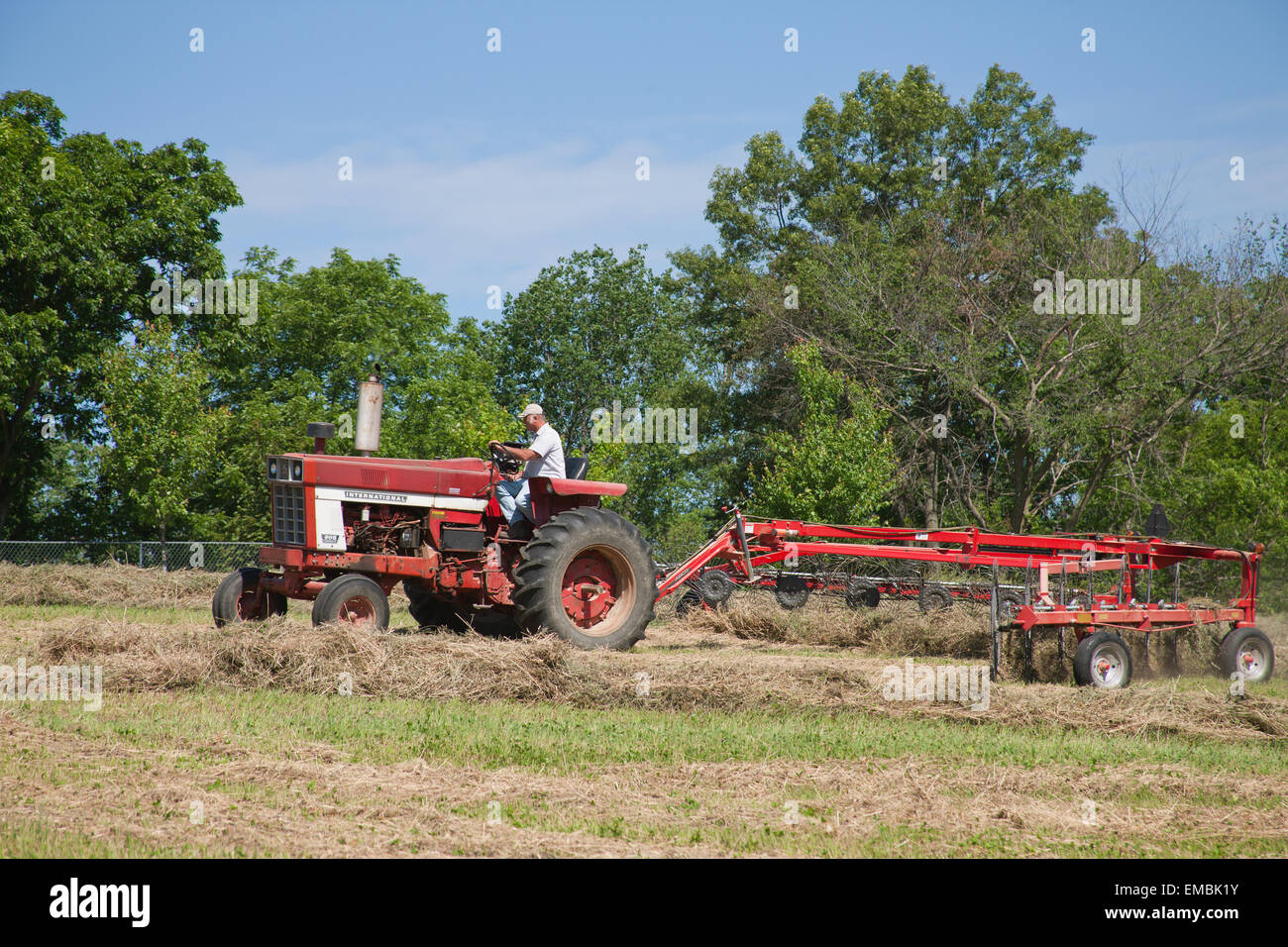 Mann Auf International Harvester Farmall Traktor Ziehen Ein Heu Rechen Rechen Das Heu In Einem Feld In Der Nahe Von Galena Illinois Usa Stockfotografie Alamy
