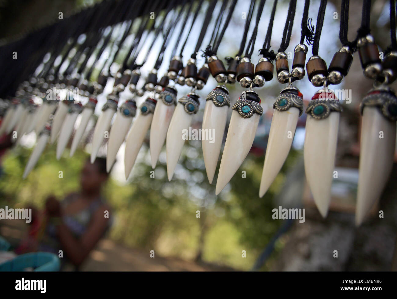 (150420)--TARCOLES (COSTA RICA), 20. April 2015 (Xinhua)--Halsketten aus Krokodil sind Zähne auf Verkauf in der Nähe von Rio Grande de Tarcoles, auch bekannt als die Tarcoles Fluss, nahe der Stadt von Tarcoles, etwa 110 km südwestlich von Costa Ricas Hauptstadt San Jose, am 19. April 2015 gemacht. Der Fluss ist berühmt für seinen Reichtum an Krokodile, mit einer geschätzten Bevölkerung von 25 Krokodile pro Quadratkilometer, entsprechend der lokalen Presse. (Xinhua/Kent Gilbert) (Nxl) Stockfoto