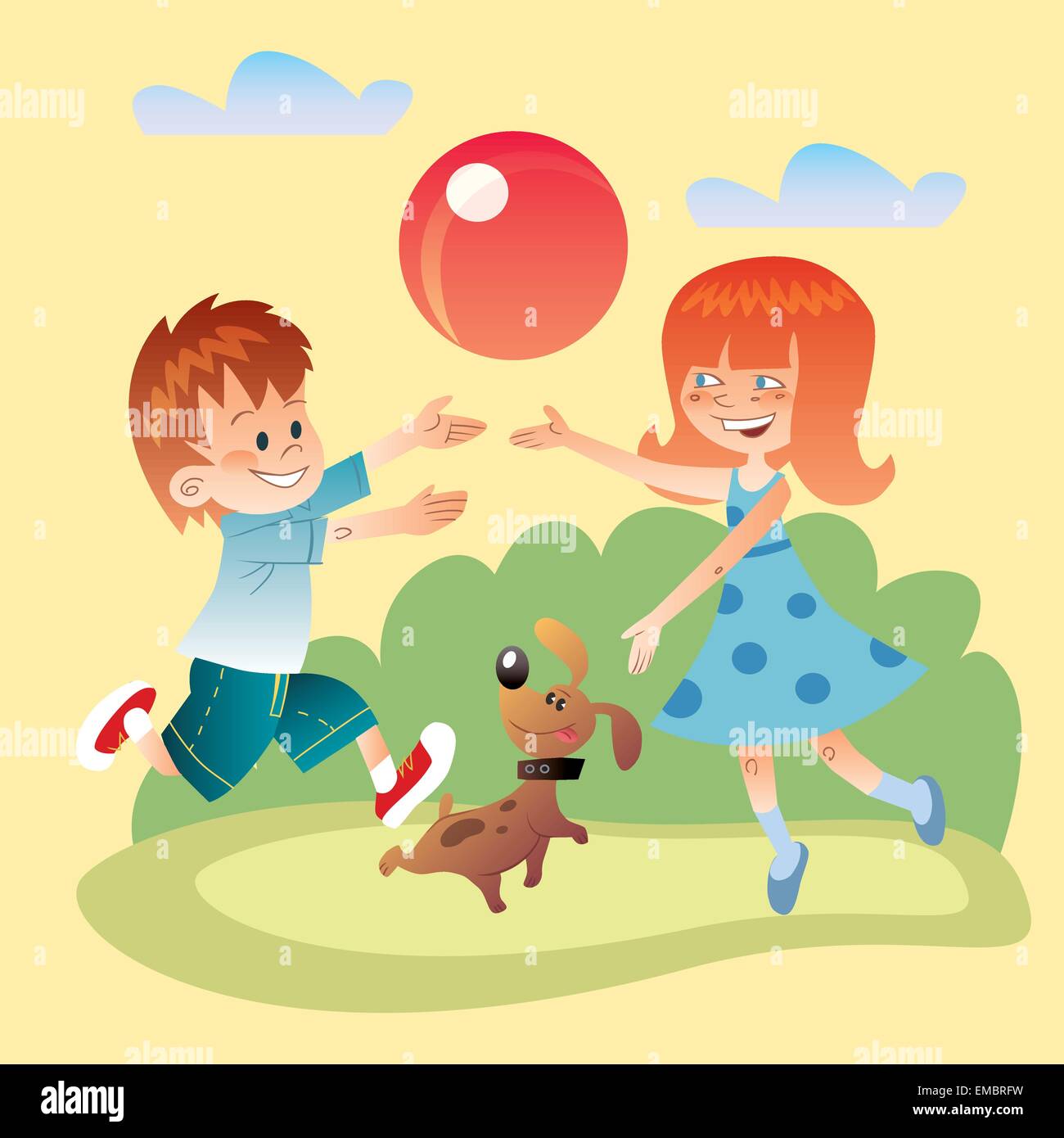 Junge, ball Mädchen und Hund spielen auf dem Rasen an einem klaren Tag Stock Vektor