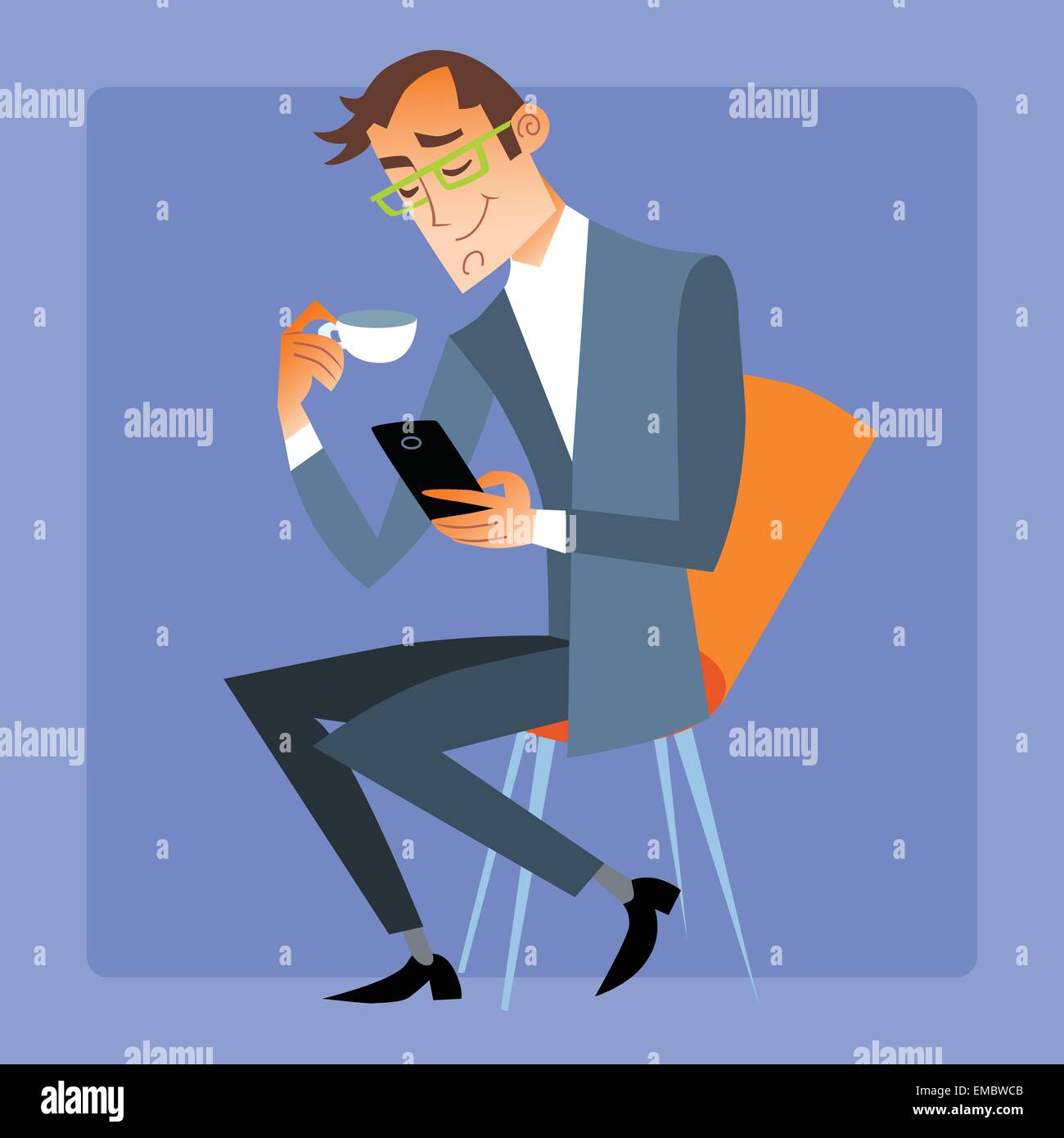Moderne Technologie und Kommunikation. Geschäftsmann am Seagull Tee oder Kaffee liest die Nachricht auf Ihrem Handy Stock Vektor