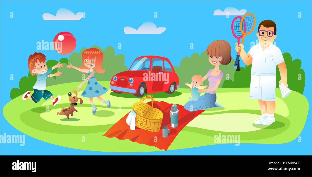 Familien-Picknick. Vater spielt Badminton, Mamas haben das Essen und  beobachten einen Säugling Bruder und Schwester Ballspielen mit dem Hund auf  dem la Stock-Vektorgrafik - Alamy