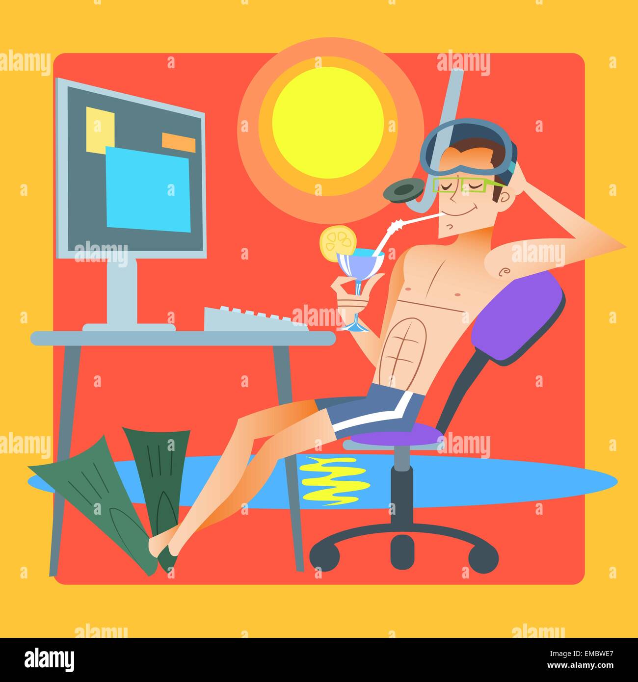 Mann in Badehose im Resort ist am Computer arbeiten. Büro-Traum oder Freelancer Stock Vektor