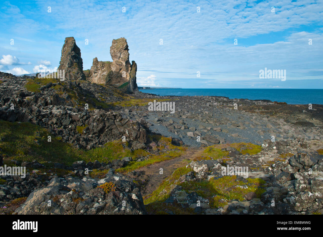 Lóndrangar Basalt Felsen, Snæfellsjökul Nationalpark, West Island, Island Stockfoto