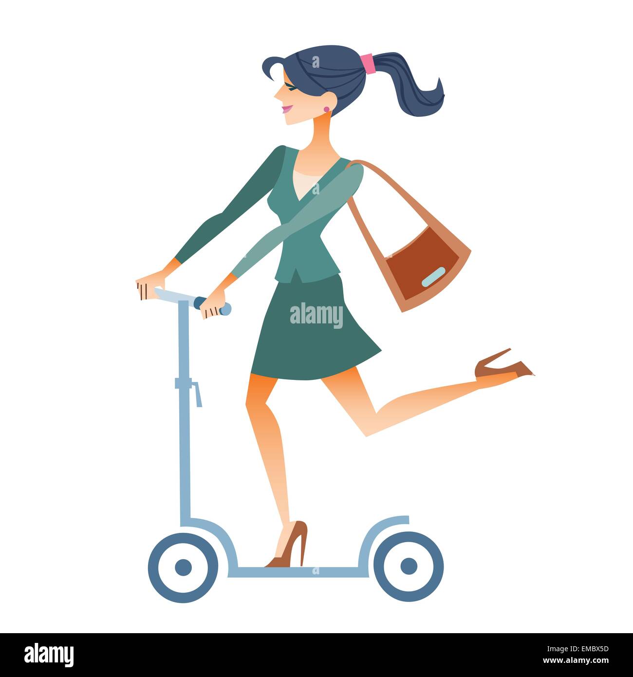 Geschäftsfrau im Anzug auf dem Roller fährt um morgens zur Arbeit Stock Vektor