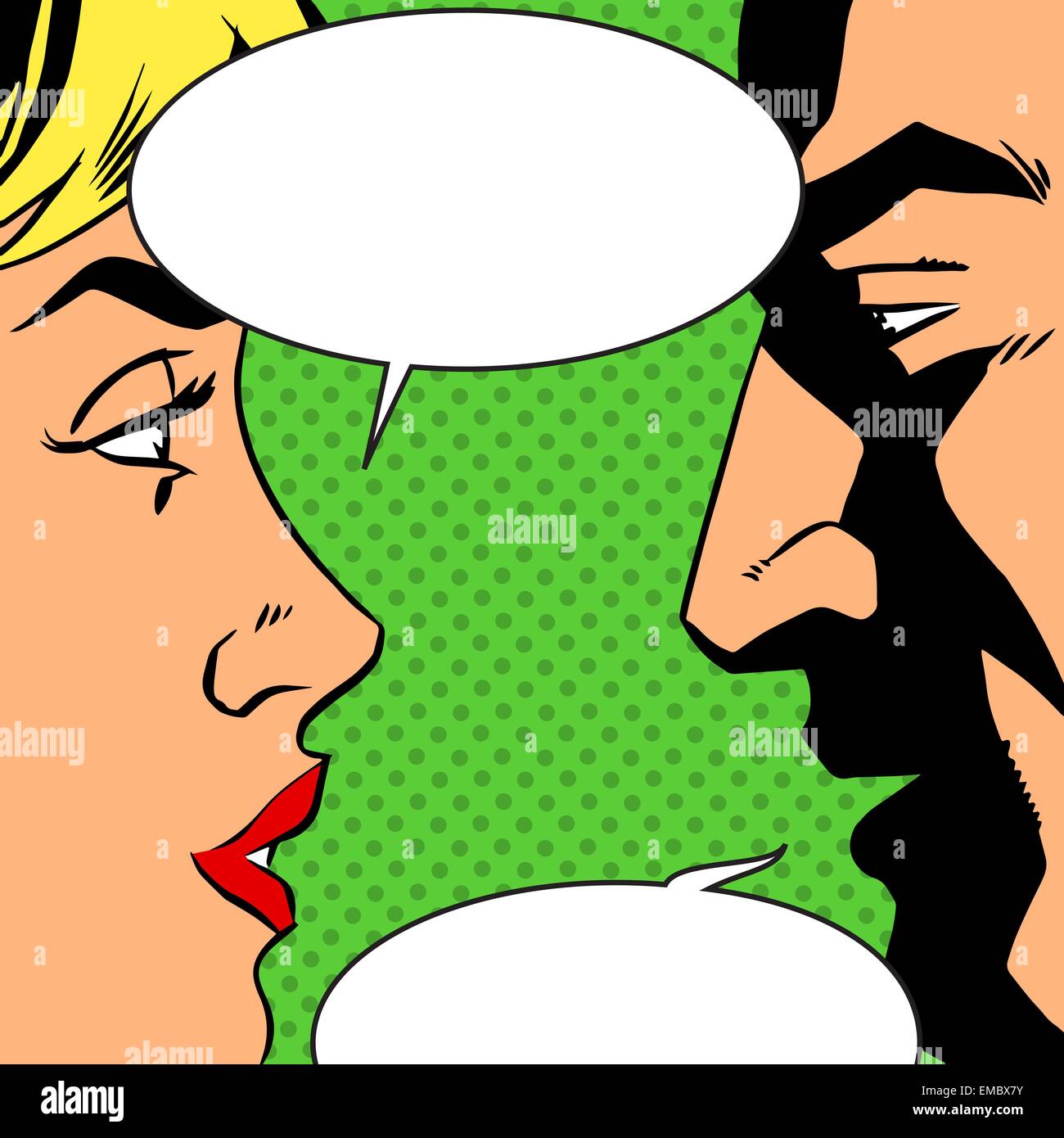 Mann und Frau sprechen Comics Retro-Stil. Bubbles für Text. Das Thema der Liebe, Beziehungen und Kommunikation. Nachahmung bitmap Stock Vektor