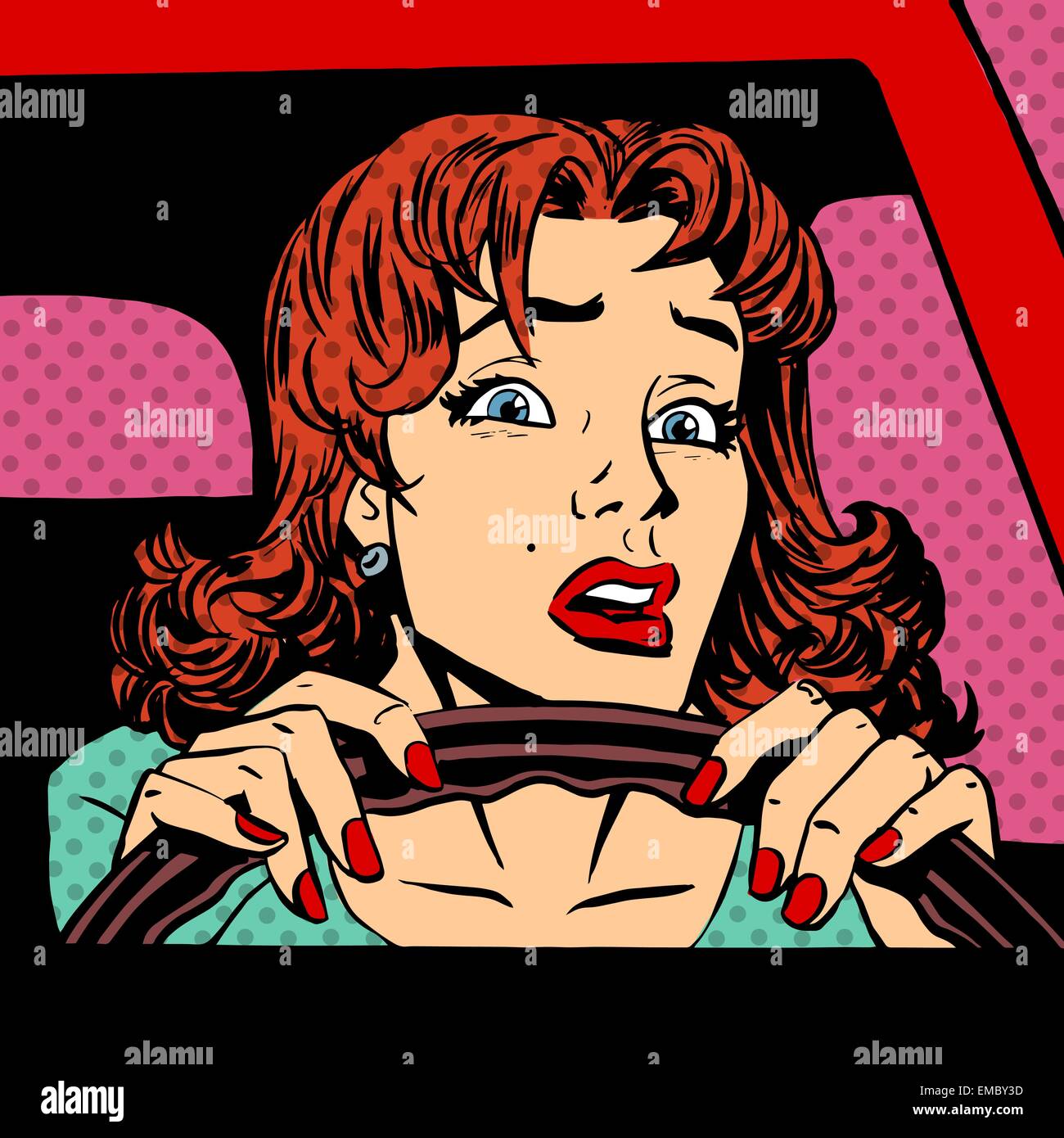Unerfahrene Frau Treiber des Auto Unfall Pop-Art Comics Retrostils Halbton. Nachahmung der alten Abbildungen Stock Vektor